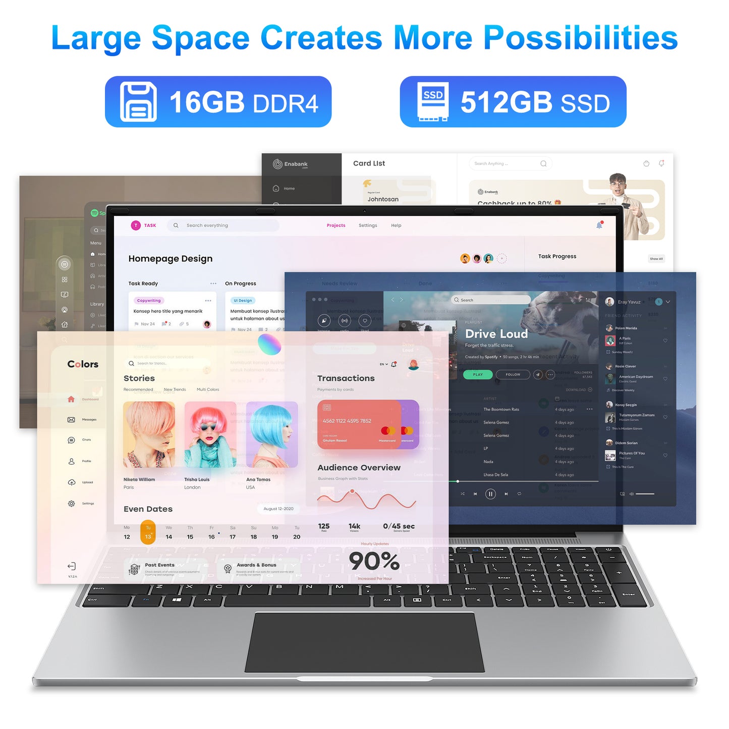 Laptop 16 Inch, 16GB DDR5 512GB SSD, Quad Core N100 CPU, FHD IPS 1200P Display, Notebook Computers with Cooling System, 38WH Battery, 2.4G+5G WiFi.