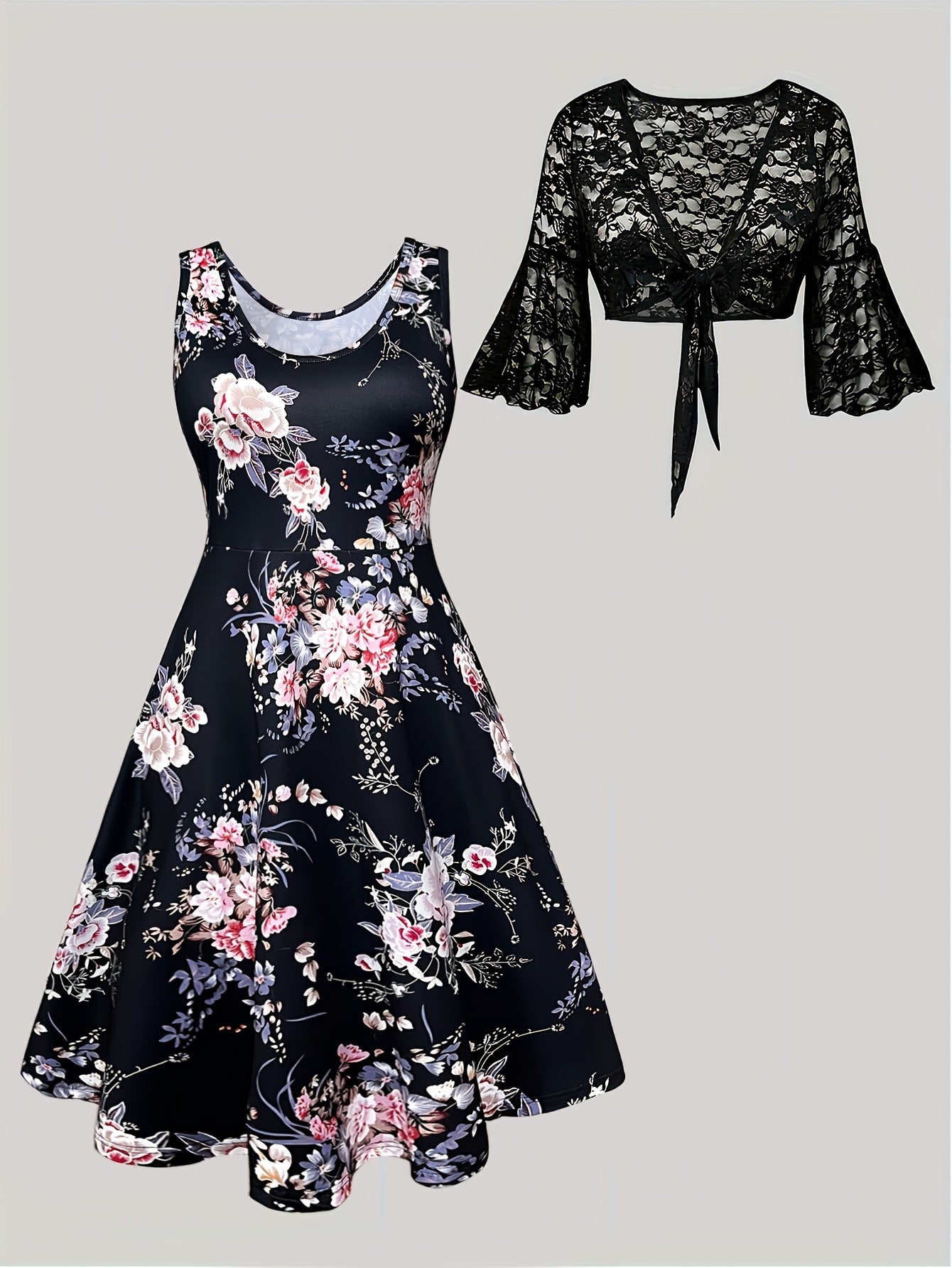 Plus Size Women's Elegant Floral Print Dress & Lace Jacket Set - Sleeveless A-Line, Polyester Blend, Machine Washable, Lace Detailing