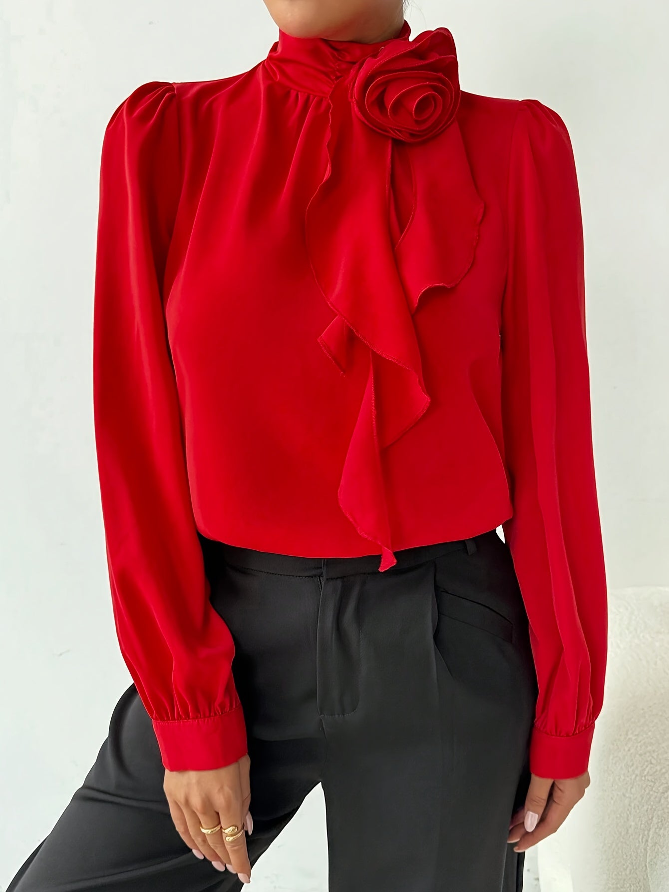 Floral Decor Mock Neck Blouse, Elegant Long Sleeve Blouse for Spring & Fall, Women's Clothing, Plus Size Blouses