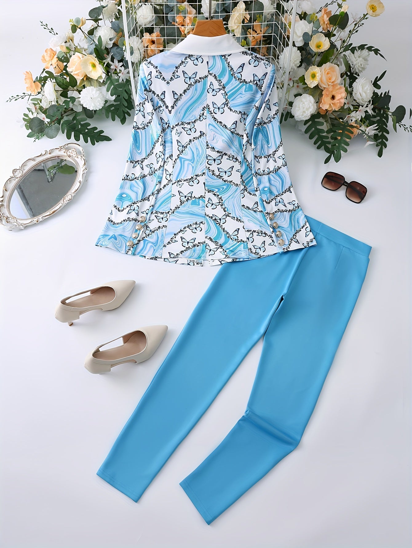 Elegant Two-piece Set, Butterfly Print Long Sleeve Lapel Neck Double-breasted Blazer & Solid Skinny Pants Outfits, Women's Clothing