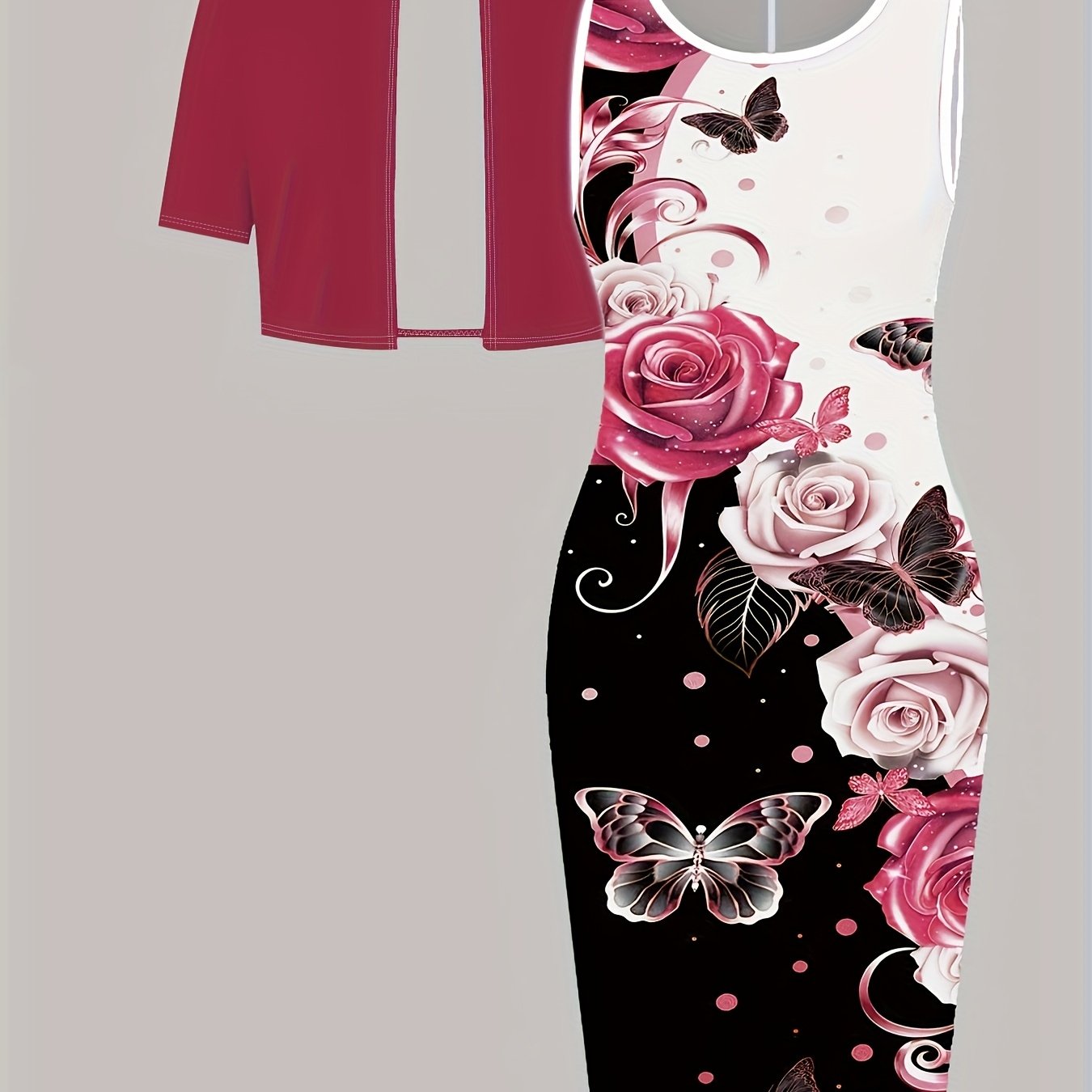 Spring/Summer Women's Jacket + Dress Set Rose Red Jacket with Floral Print Dress