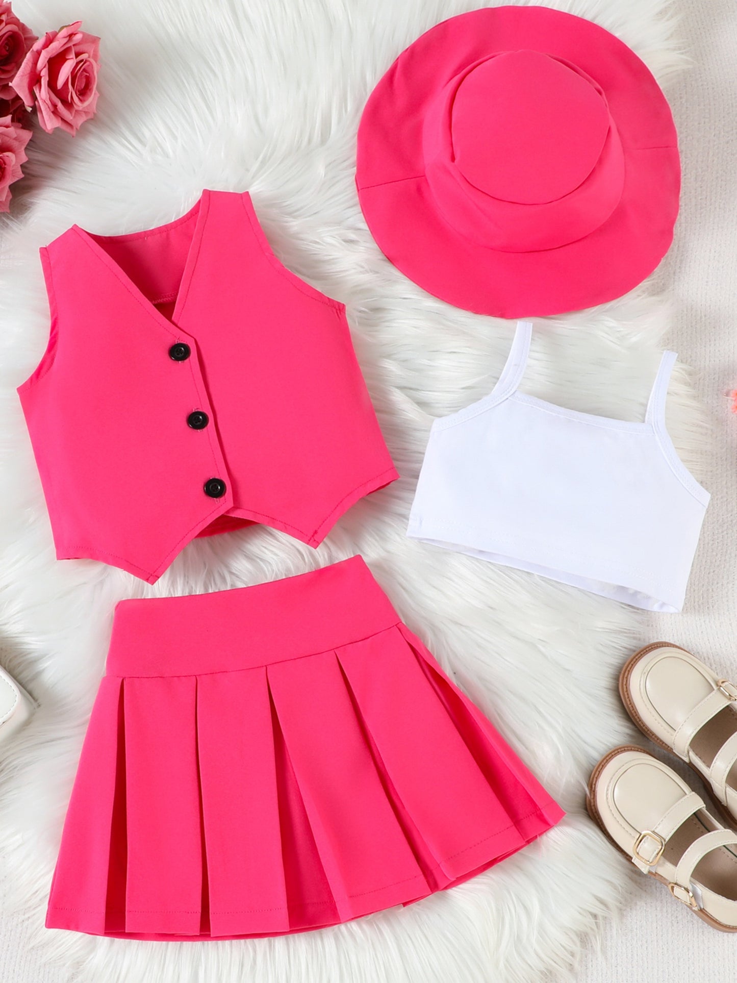 Girl Summer Set V-Neck Sleeveless Button-up Vest Cami Pleated Skirt Hat 4pcs Outfits, for Outdoor