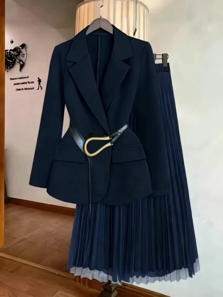 Women's Elegant Solid Color Double-Breasted Suit Jacket with Mesh Pleated Skirt Set, Spring/Summer Belt Not Included