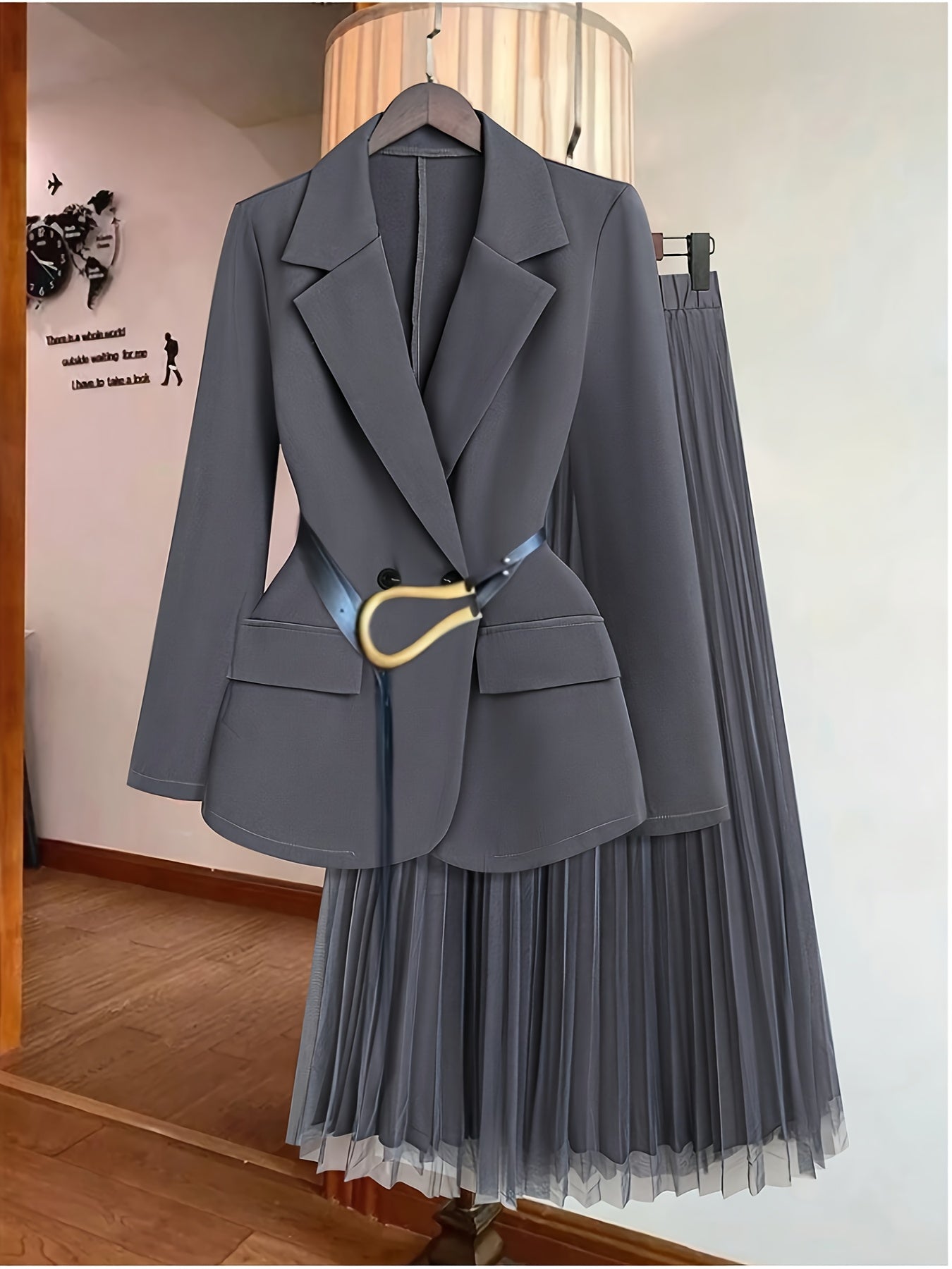 Women's Elegant Solid Color Double-Breasted Suit Jacket with Mesh Pleated Skirt Set, Spring/Summer Belt Not Included