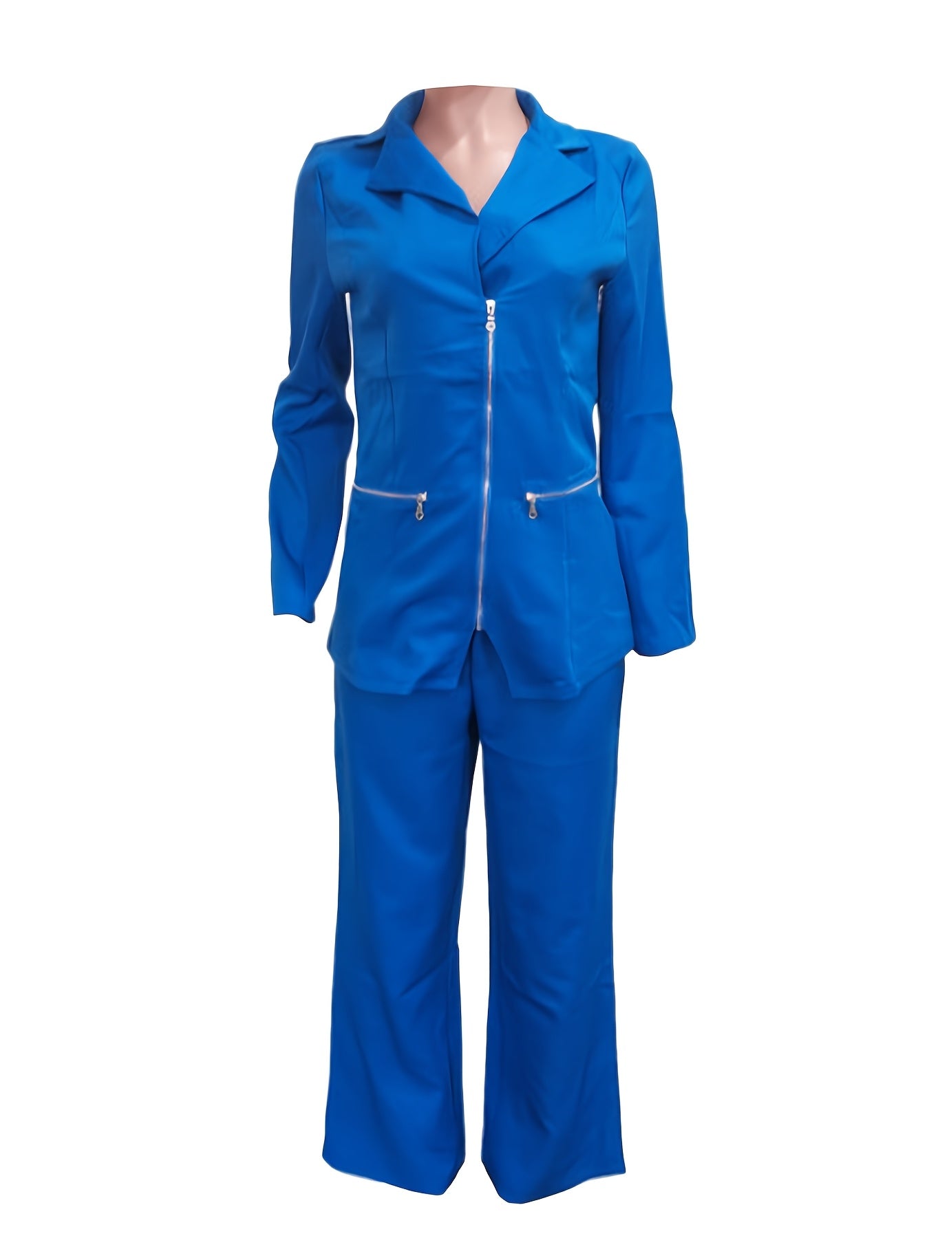 Women's Elegant Two-Piece Suit - Royal Blue, Zippered Lapel Collar Jacket with Decorative Golden Buttons & Straight-Leg Pants, Polyester, Perfect for Work & Casual Events