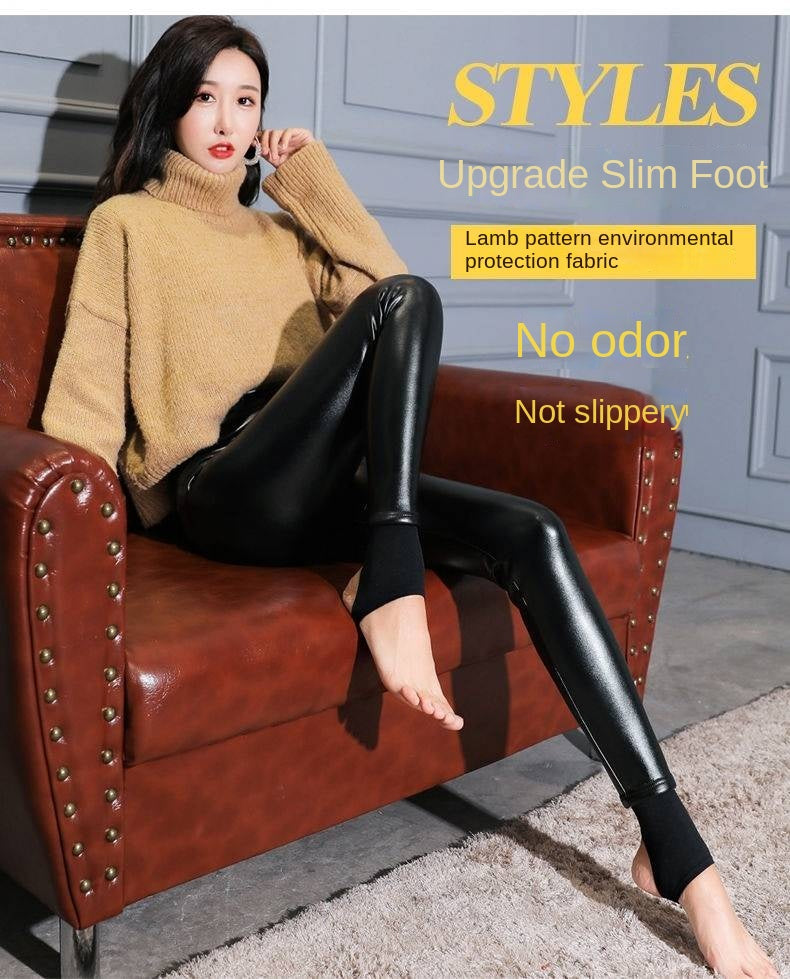 Winter Warm 700g Thick Velvet Wool Fleece Ladies Leggings Women Trousers Lambskin Cashmere Female Jegging Faux Leather Pants