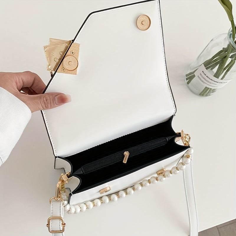 Fashion Square Handbag For Women, Faux Pearl Chain Decor Crossbody Bag, Metal Decor Flap Purse With Top Handle