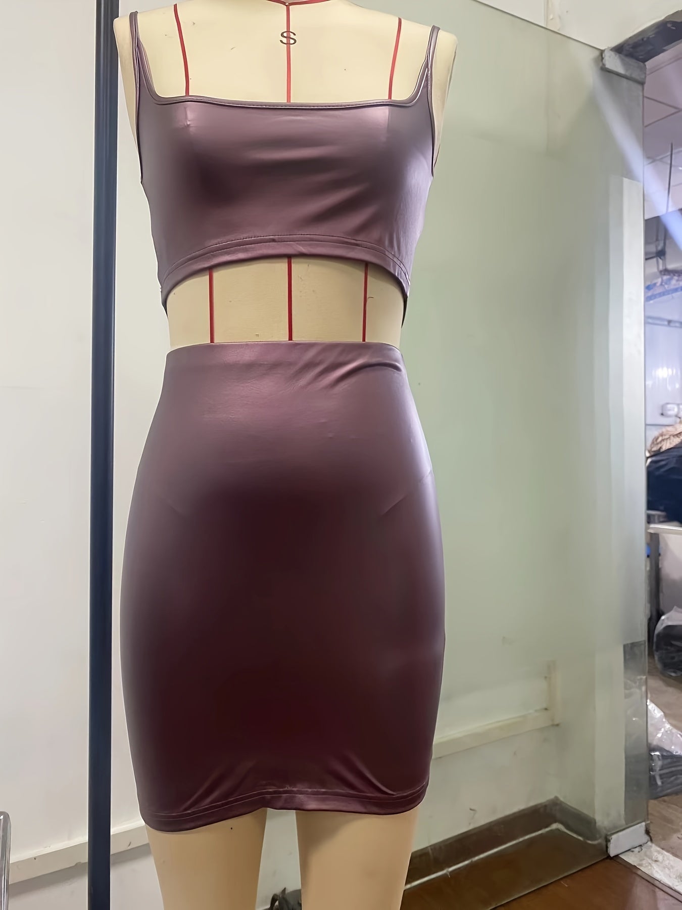 Faux Leather Two-piece Skirt Set, Sleeveless Crop Cami Top & High Waist Mini Skirts Outfits, Women's Clothing