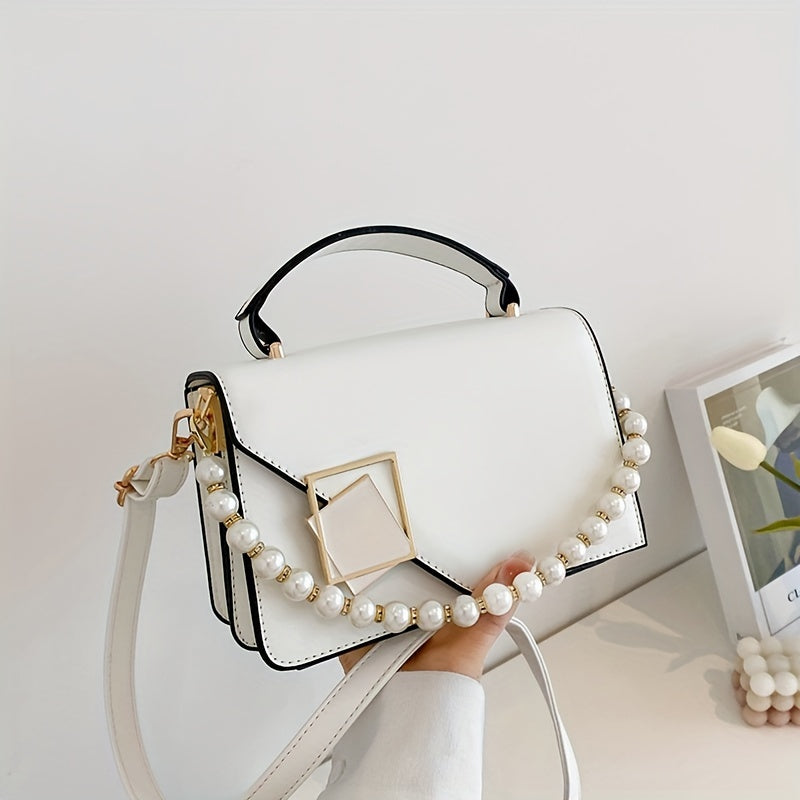 Fashion Square Handbag For Women, Faux Pearl Chain Decor Crossbody Bag, Metal Decor Flap Purse With Top Handle