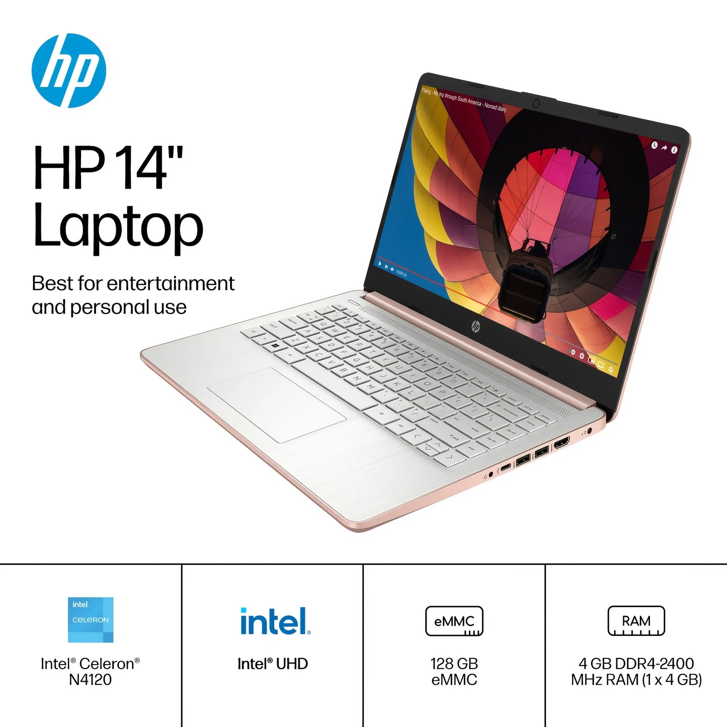 HP Ultral Light 14" Laptop, Intel Quad-Core N4120, 8GB RAM, Anti-Glare HD Display - 256GB Storage(128GB EMMC+ 128GB SD Card), Webcam, Windows 11 Home In S Mode