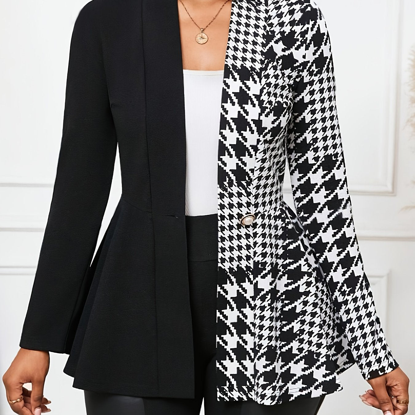 Office Ready, Women's Elegant Houndstooth Color Block Jacket - Chic Single-Breasted Long Sleeve, Polyester, Machine Washable, Ideal for Spring/Fall Fashion