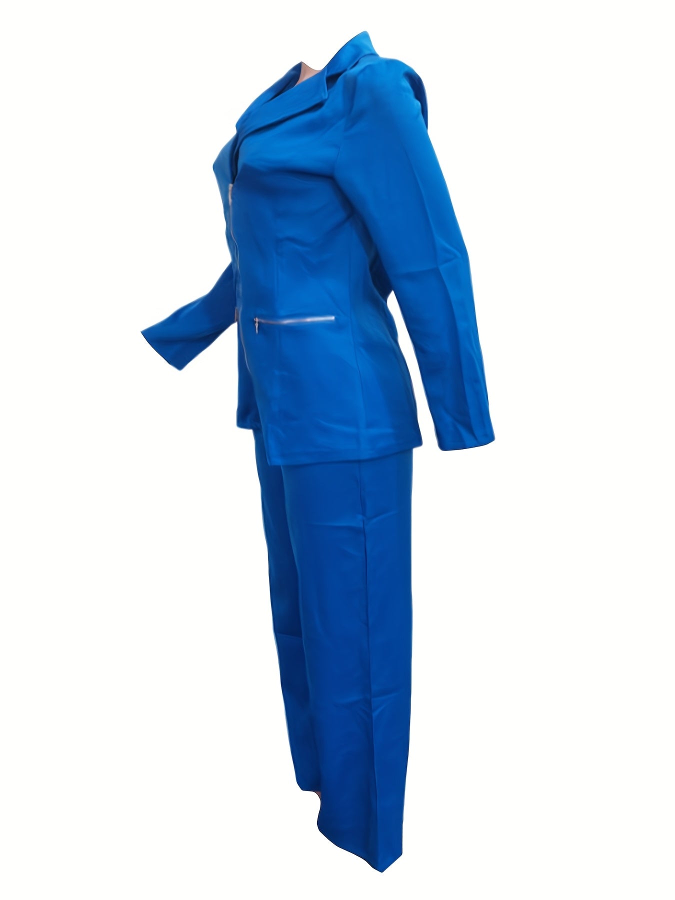 Women's Elegant Two-Piece Suit - Royal Blue, Zippered Lapel Collar Jacket with Decorative Golden Buttons & Straight-Leg Pants, Polyester, Perfect for Work & Casual Events