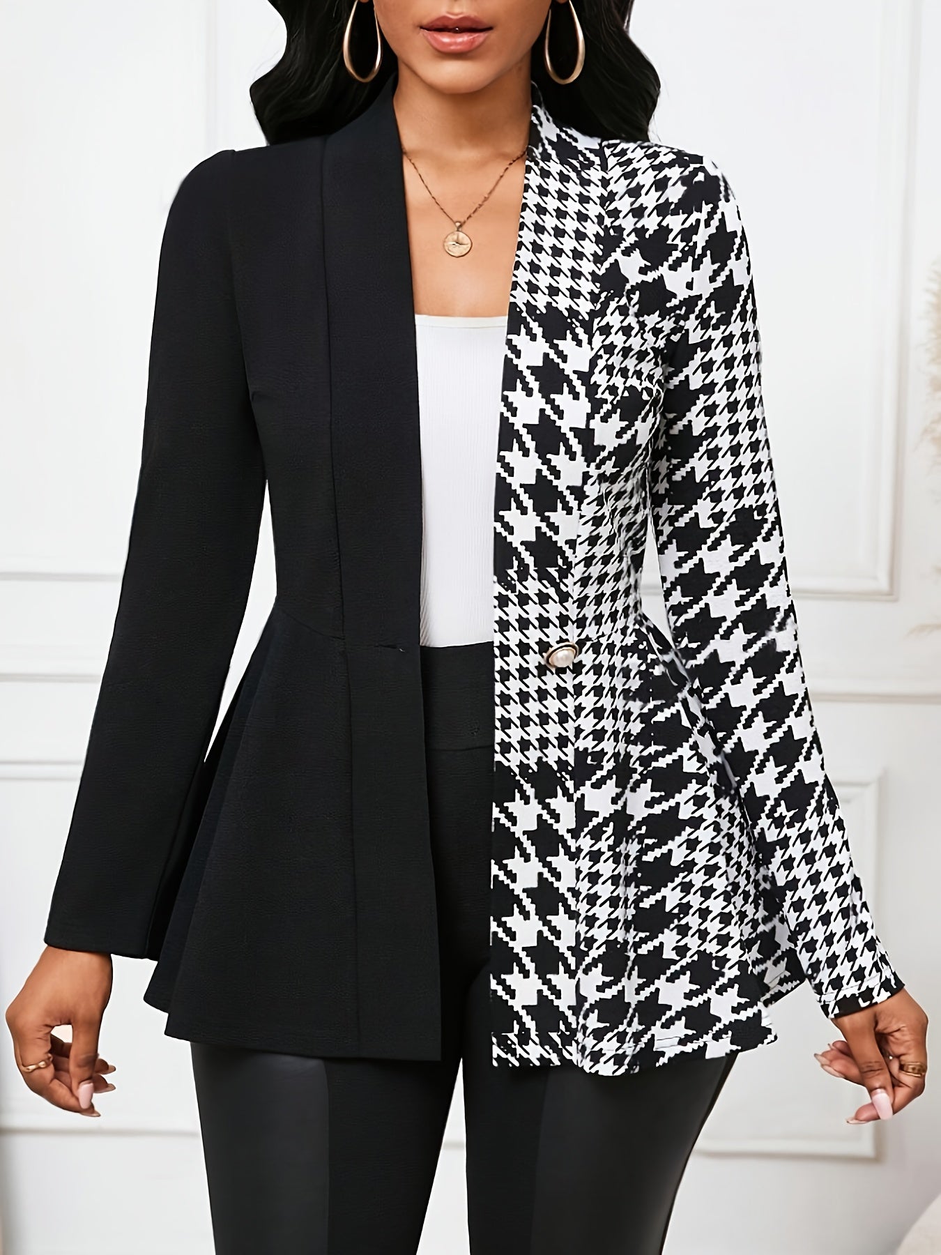 Office Ready, Women's Elegant Houndstooth Color Block Jacket - Chic Single-Breasted Long Sleeve, Polyester, Machine Washable, Ideal for Spring/Fall Fashion