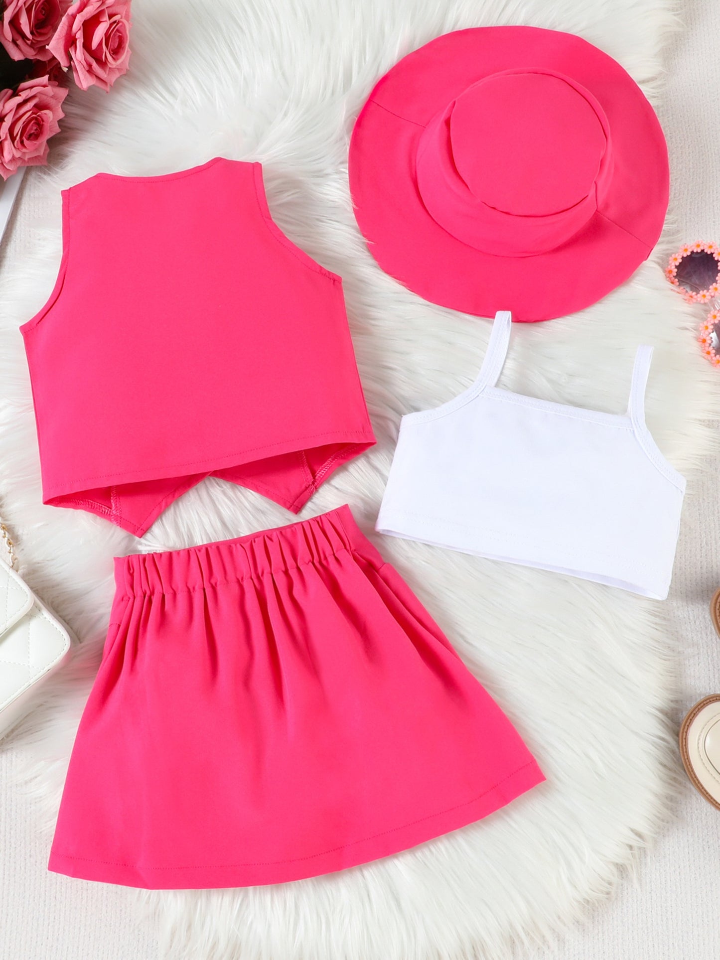 Girl Summer Set V-Neck Sleeveless Button-up Vest Cami Pleated Skirt Hat 4pcs Outfits, for Outdoor