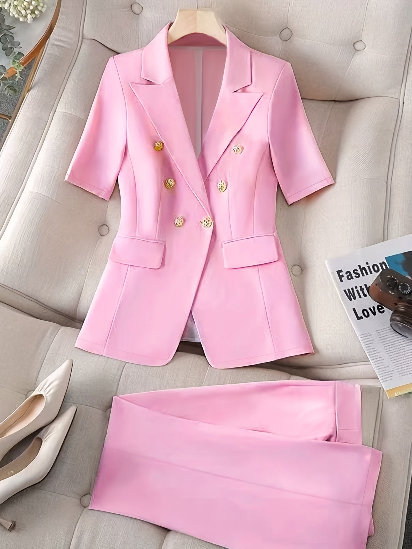 Women'S Pink Short Sleeve Blazer with Metal Buttons, Fake Pockets, and Notched Collar - Stylish Polyester Suit Jacket with Pocket Detail, Perfect for Summer, Summer Workwear | Stylish Blazer | Polyester Blazer
