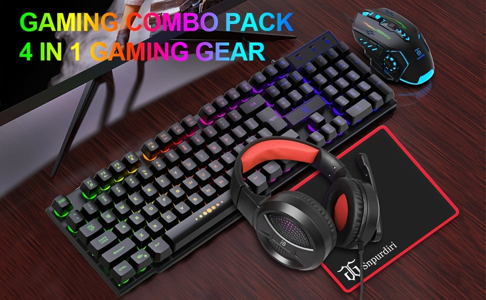All-in-one Combo for PC Gamers: Wired Gaming Keyboard and Mouse, Headset, Mouse Pad for Xbox and PS4 Users