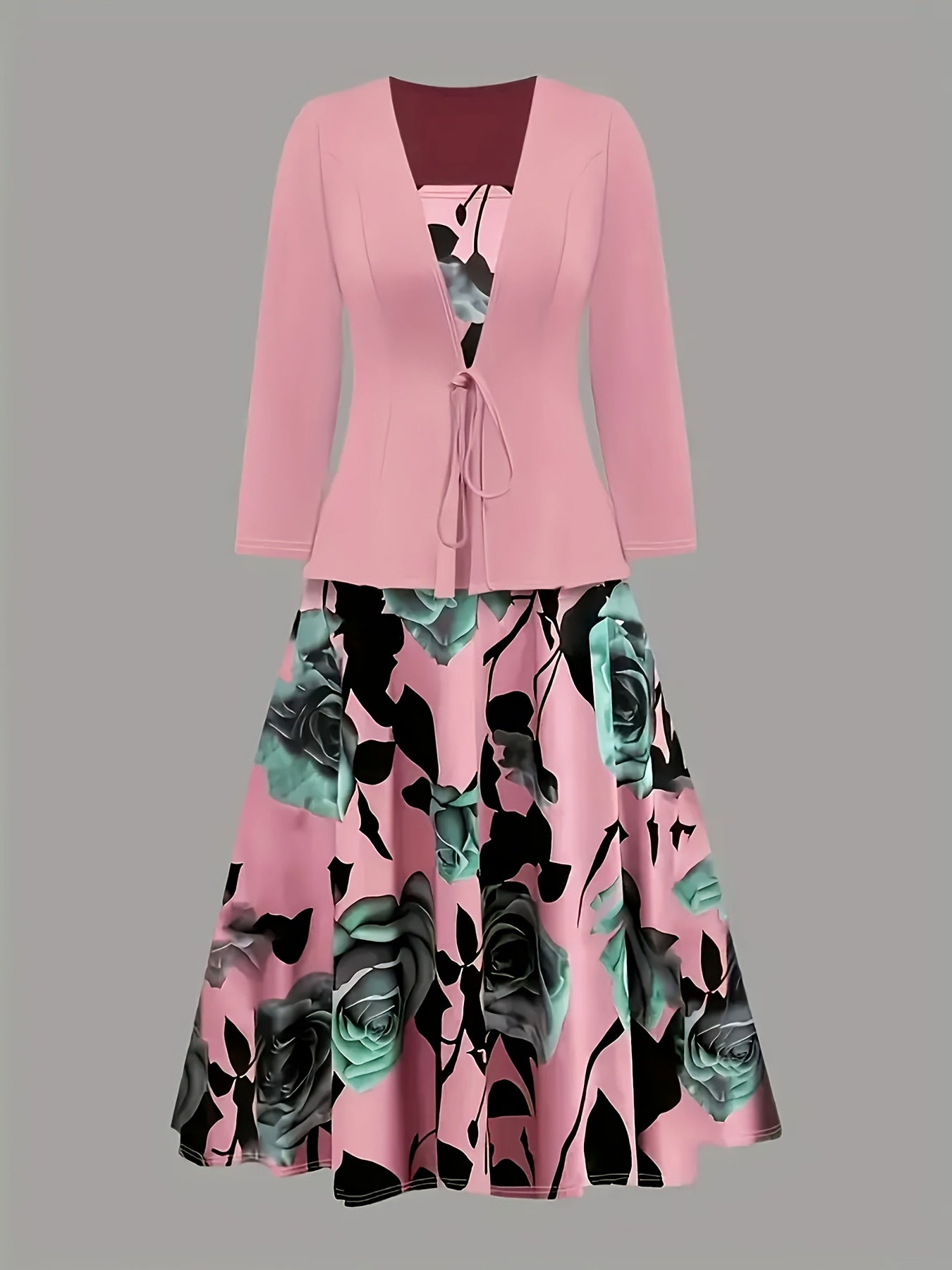 Stylish Women's Elegant Suit, Solid Color Lace-Up Small Cardigan + Rose Flower Dress 2pcs Set