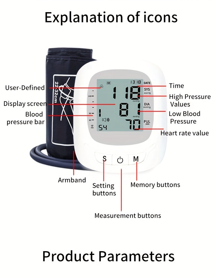 Blood Pressure Machine For Adults, Fully Automatic Blood Pressure Meter, Digital LCD Display, Simple Operation, Cuffs Can Be Adjusted, Suitable For Family High And Low Blood Pressure, Arrhythmia Test, Elderly Health Guards.Ba