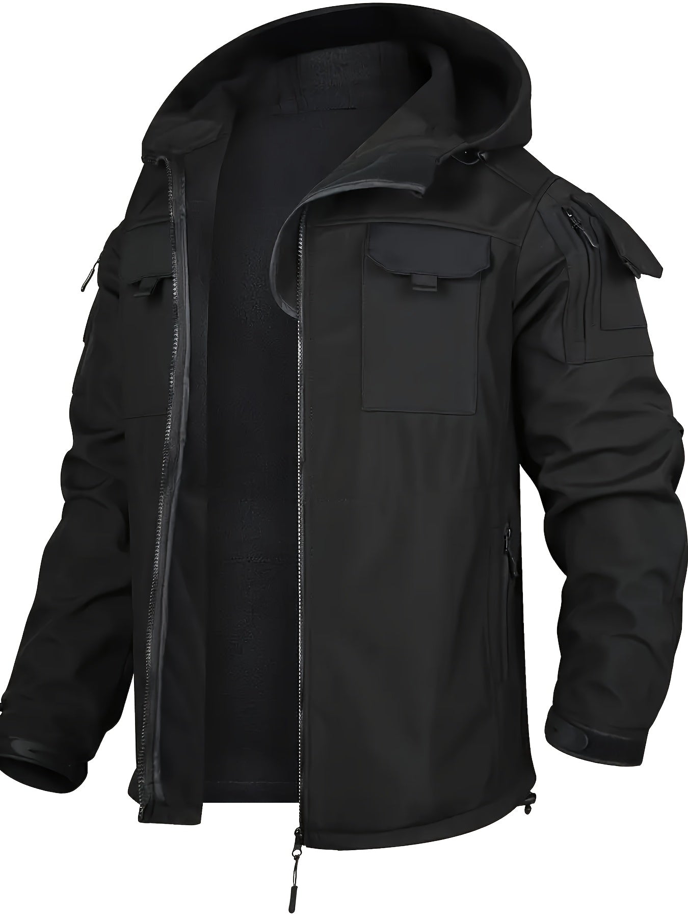 Men's 2pcs Fleece-Lined Hooded Jacket & Pants Set - Windproof Softshell Winter Clothing, Full-Zip Mummy-Like Zipper, Multi-Pocket Shell (Grey/Black) for Skiing, Hiking, Snow Sports - Thermal Outfit, Mens Clothes, Workwear For