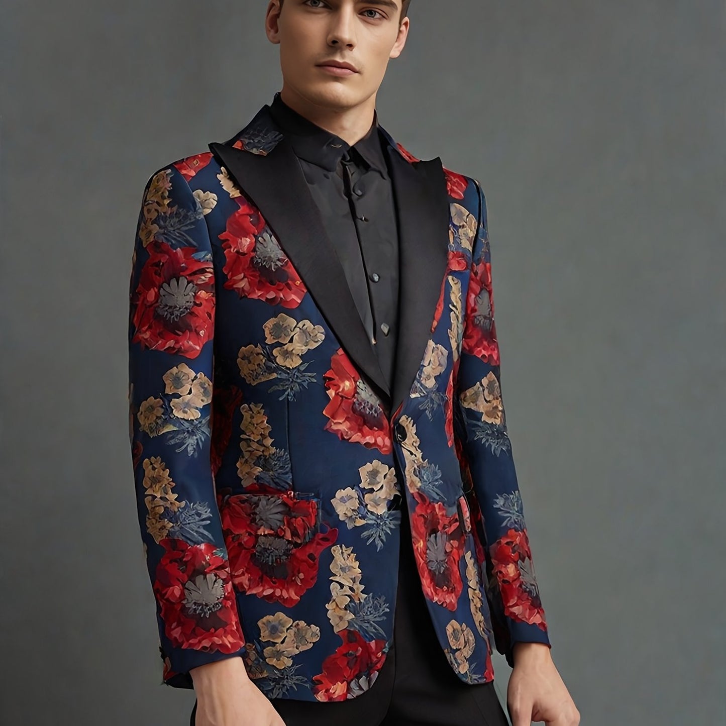 Men's Red Floral Jacquard Blazers Slim Fit Elegant Tuxedo Suit Blazer Jacket Fashion New Men Prom Party Wedding Stage Singer Costume