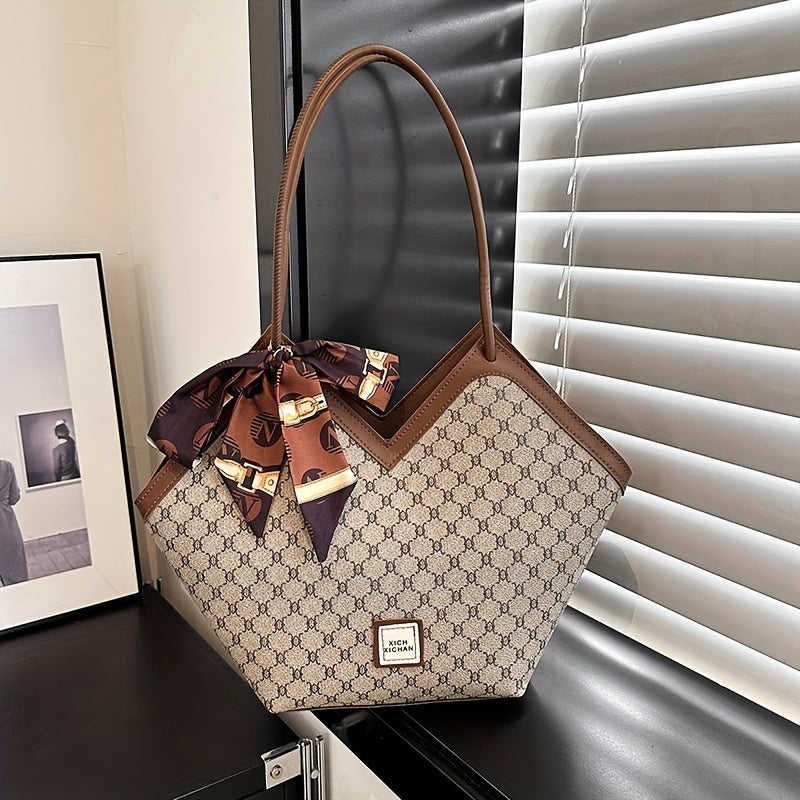 LABOONOO Women'S Extra Large Tote Bag - Stylish Shoulder Handbag with Ribbon Bow, Black & Brown Pattern, Zipper Closure, Perfect for Everyday Use, Ladies Handbags