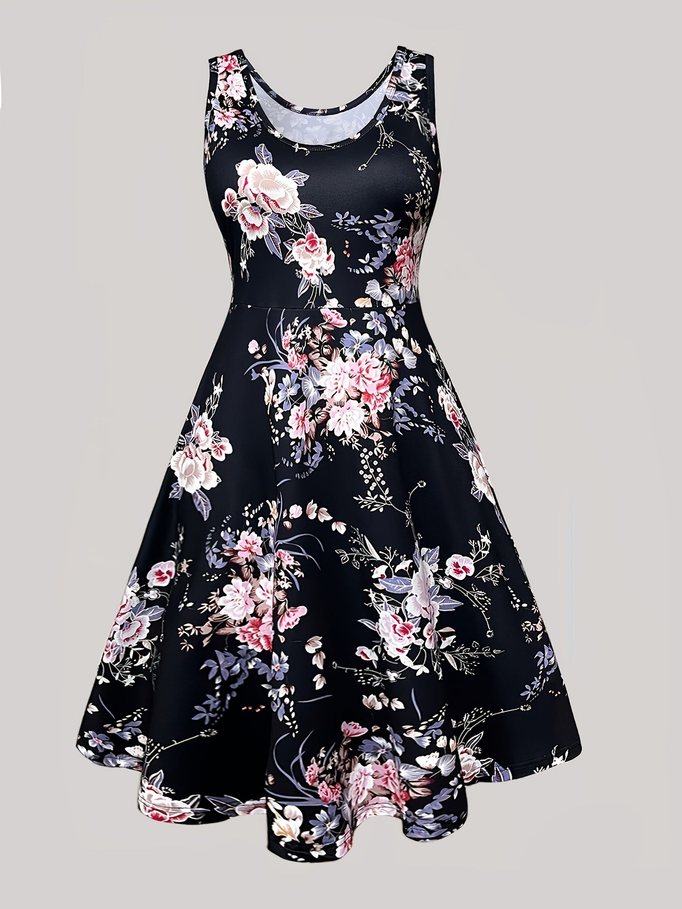 Plus Size Women's Elegant Floral Print Dress & Lace Jacket Set - Sleeveless A-Line, Polyester Blend, Machine Washable, Lace Detailing