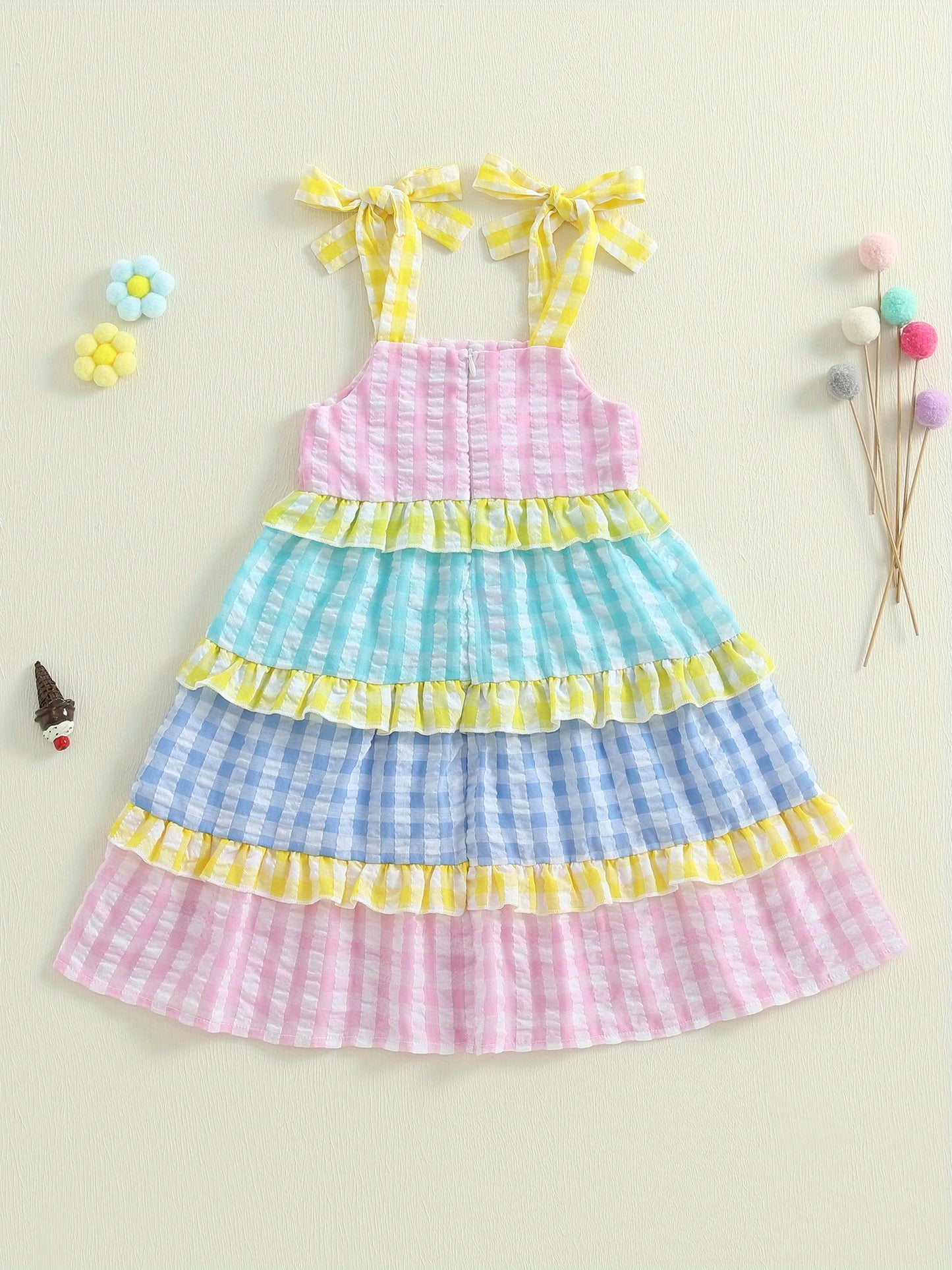 Toddler Girl Summer Dress Plaid Print Tie-up Sleeveless Tiered Ruffled A-Line Dress
