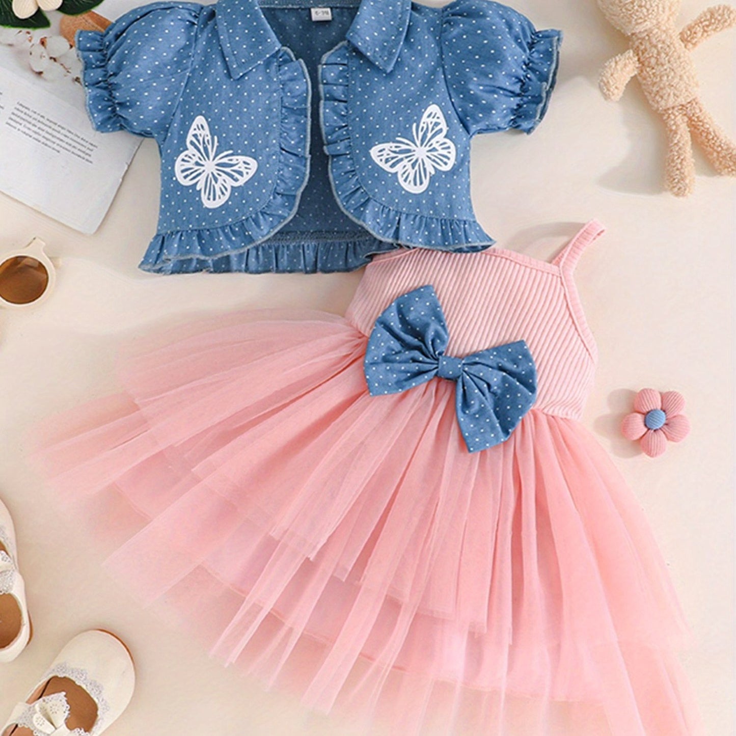 Youngsters Girl Summer Outfits Tulle Spaghetti Strap Bow A Line Dress with Dot Butterfly Print Short Puff Sleeve Cardigan, Perfect for Outdoor
