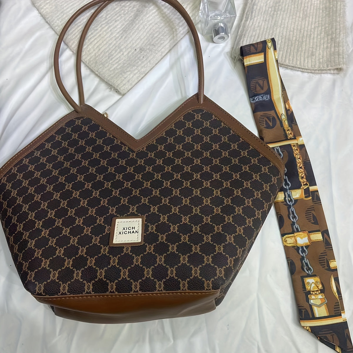 LABOONOO Women'S Extra Large Tote Bag - Stylish Shoulder Handbag with Ribbon Bow, Black & Brown Pattern, Zipper Closure, Perfect for Everyday Use, Ladies Handbags