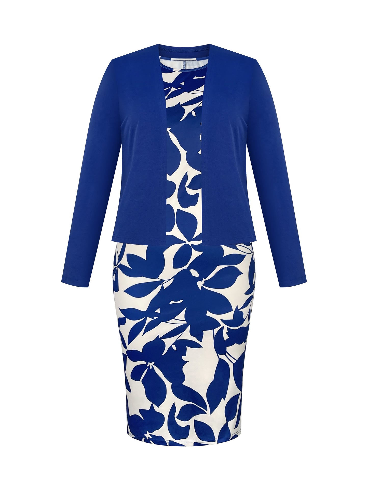 Stylish Plus Size Co-ord Set - Elegant Crew Neck Floral Print Dress and Blue Jacket - High Stretch Knit Fabric, Polyester and Elastane Blend, Comfortable and Versatile Suit Jacket Dress Set for Plus Size Women