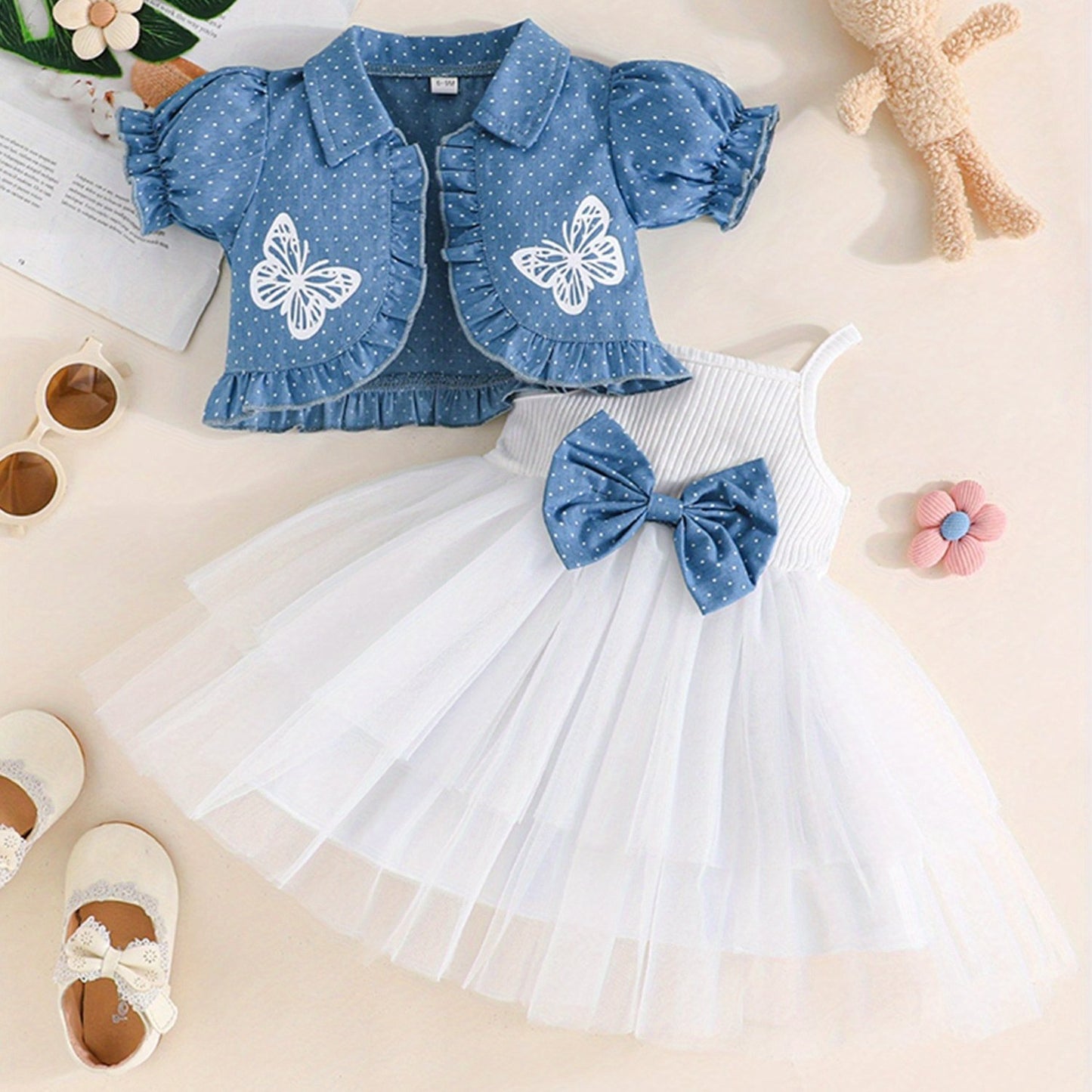 Youngsters Girl Summer Outfits Tulle Spaghetti Strap Bow A Line Dress with Dot Butterfly Print Short Puff Sleeve Cardigan, Perfect for Outdoor