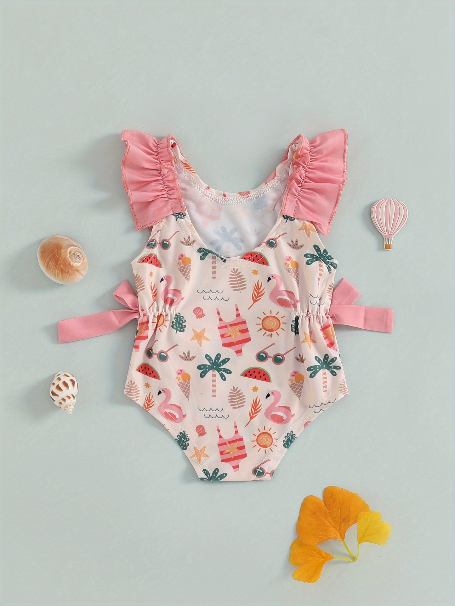 Toddler Girl Summer Tank Swimsuit Shell Print Romper Sleeveless U-Neck Bathing Suit Ruffled Beachwear
