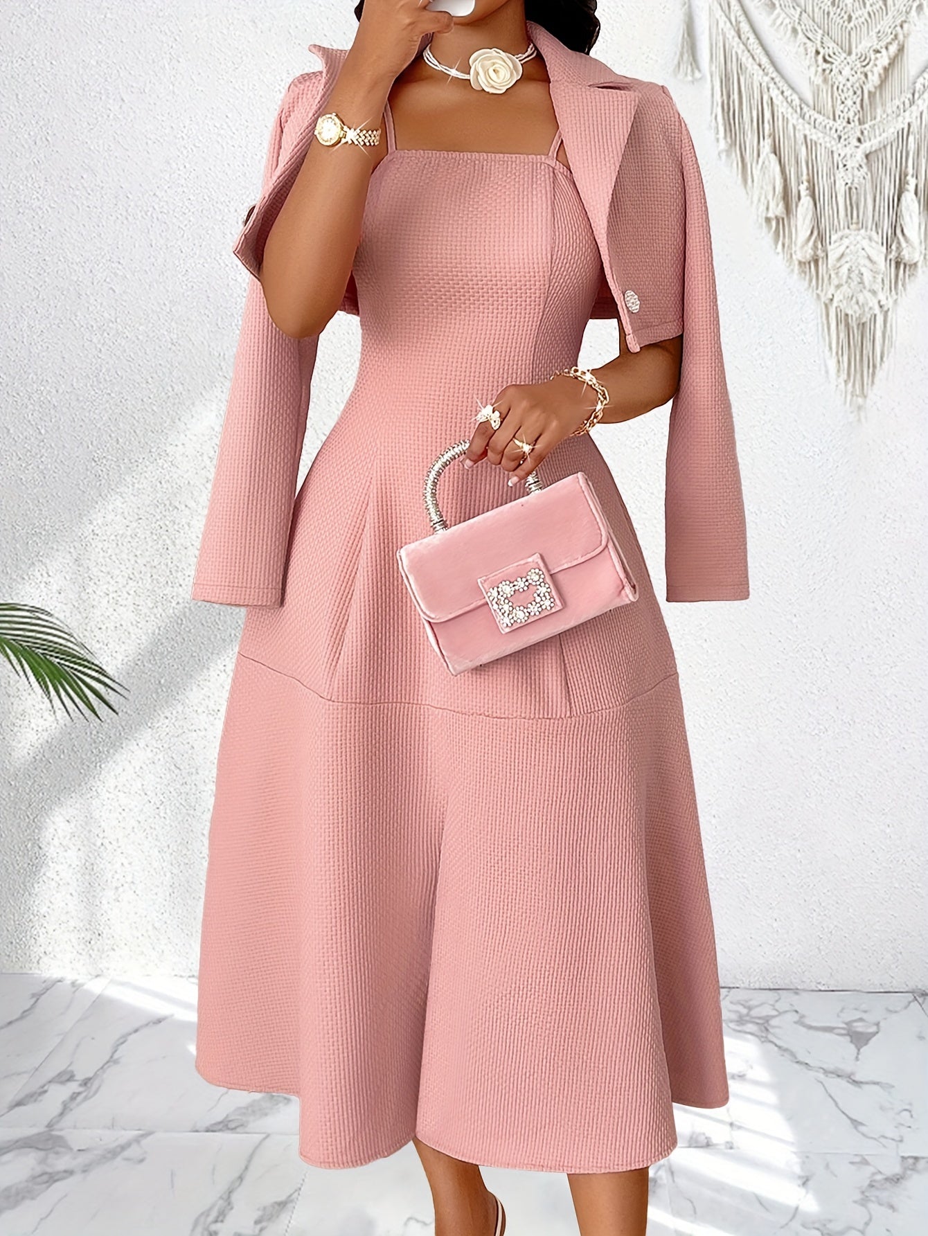 Machine Washable Polyester Elegant French-Inspired Women's Suit Set: Chic Textured Crop Blazer & A-Line Cami Dress