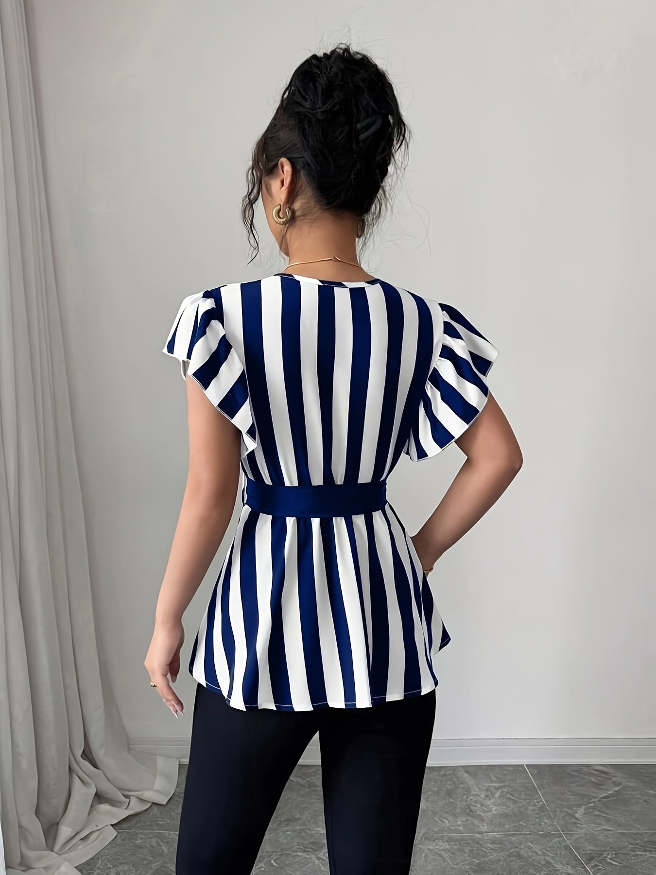 Women's Elegant Striped V-Neck Blouse with Belt - Black & White Vertical Stripes, Ruffled Sleeves, Cinched Waist, Machine Washable Polyester - Spring/Summer Fashion Top, Spring Summer Top | Waist Belted Top | Glossy Texture,