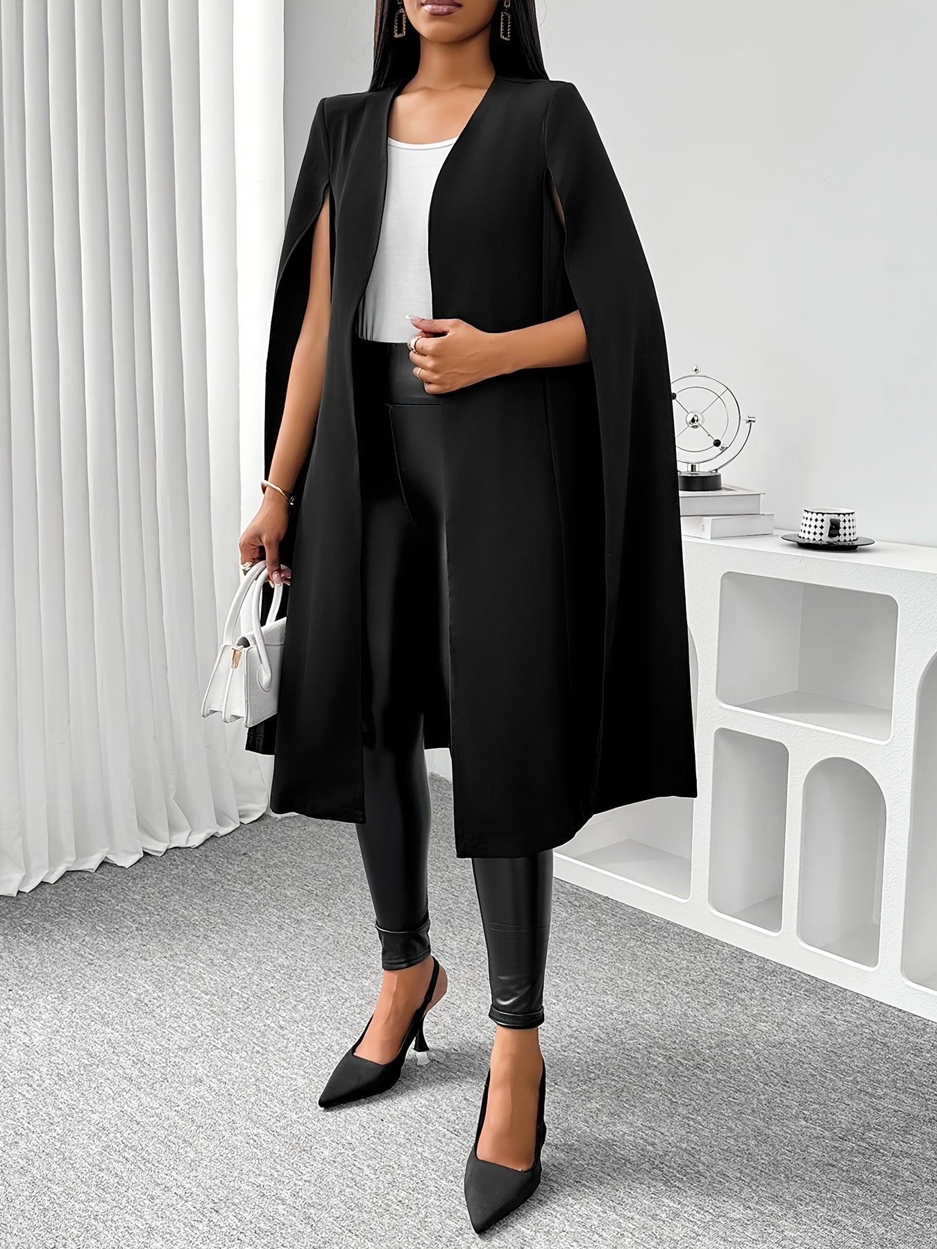 Elegant Long Cape Sleeve Blazer for Women - Polyester Blend (95% Polyester, 5% Elastane) - Solid Color Midi-Length Blazer with Open Front and Split Detail - Versatile Unlined Outerwear for All Seasons
