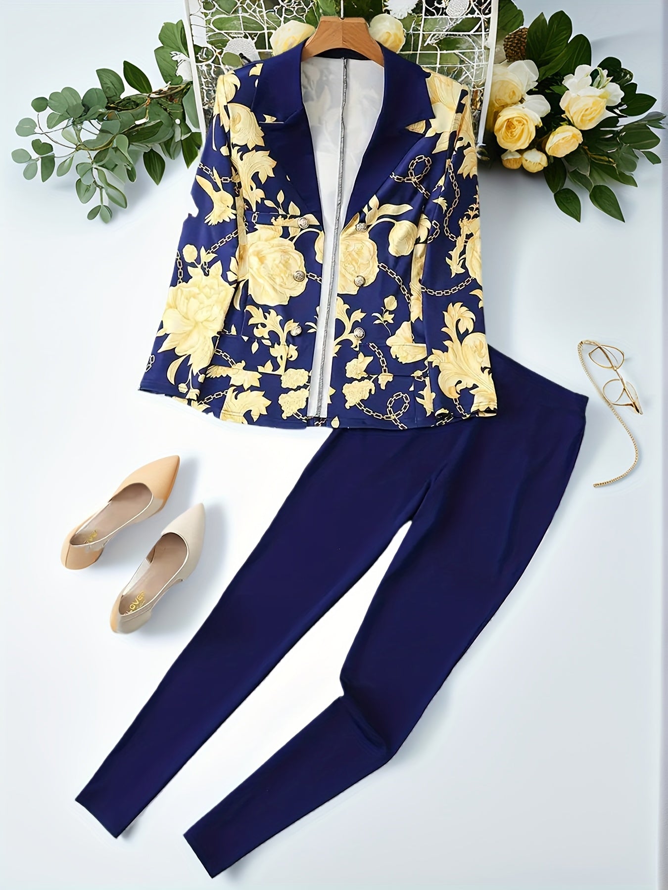2025New Elegant Floral Print Polyester Blazer Set - Women'S Chain Print, Spandex Blend, Machine Washable, Spring/Autumn Fashion