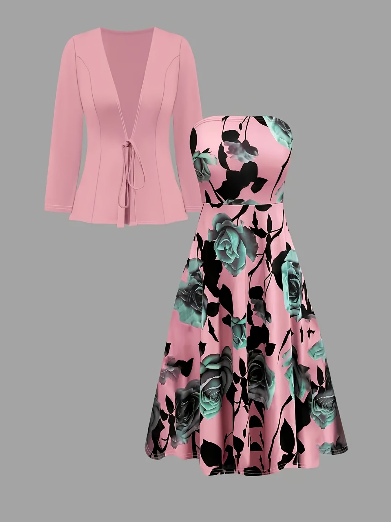Stylish Women's Elegant Suit, Solid Color Lace-Up Small Cardigan + Rose Flower Dress 2pcs Set