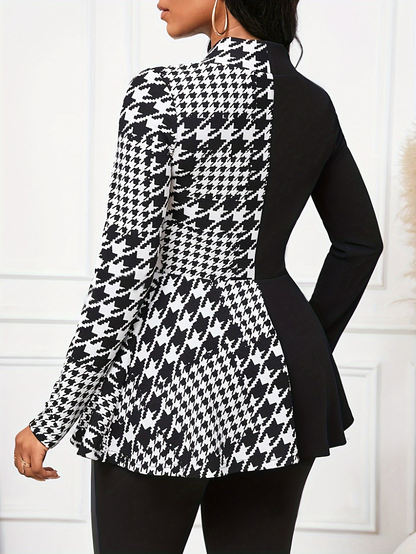 Office Ready, Women's Elegant Houndstooth Color Block Jacket - Chic Single-Breasted Long Sleeve, Polyester, Machine Washable, Ideal for Spring/Fall Fashion