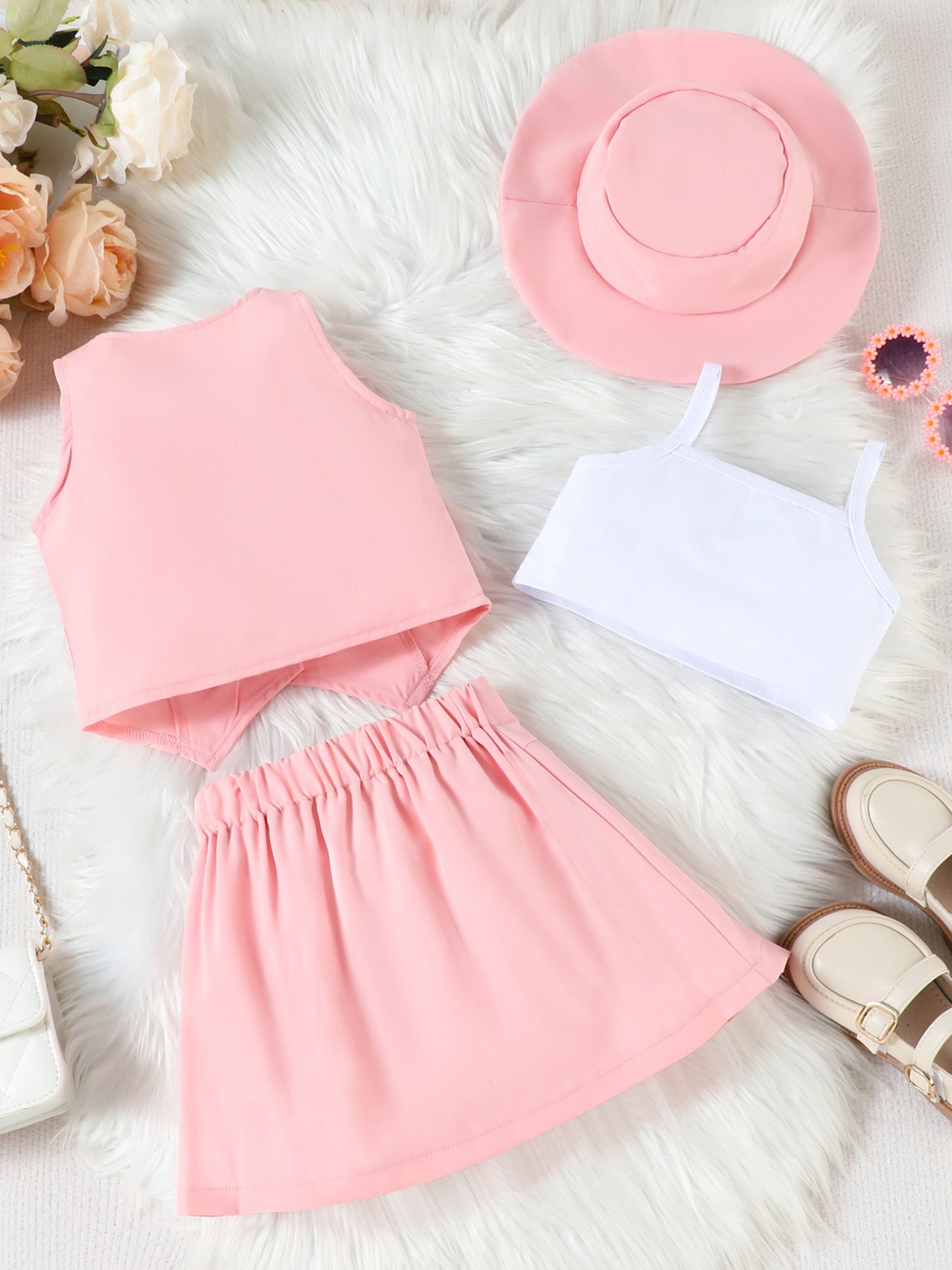 Girl Summer Set V-Neck Sleeveless Button-up Vest Cami Pleated Skirt Hat 4pcs Outfits, for Outdoor