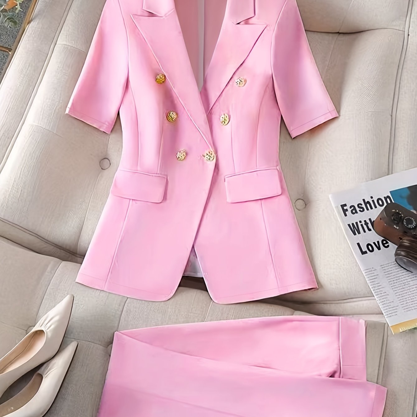 Women'S Pink Short Sleeve Blazer with Metal Buttons, Fake Pockets, and Notched Collar - Stylish Polyester Suit Jacket with Pocket Detail, Perfect for Summer, Summer Workwear | Stylish Blazer | Polyester Blazer