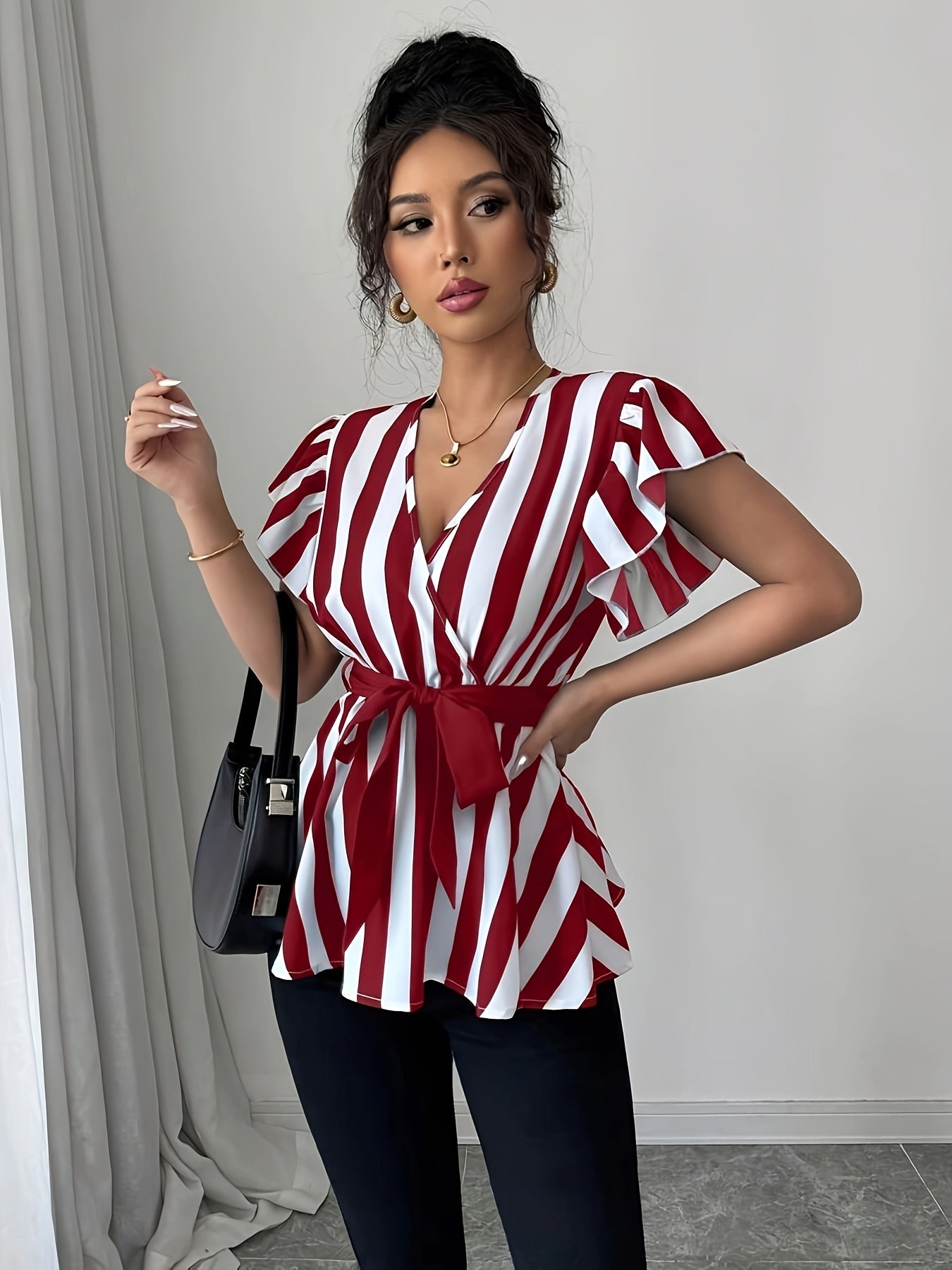 Women's Elegant Striped V-Neck Blouse with Belt - Black & White Vertical Stripes, Ruffled Sleeves, Cinched Waist, Machine Washable Polyester - Spring/Summer Fashion Top, Spring Summer Top | Waist Belted Top | Glossy Texture,