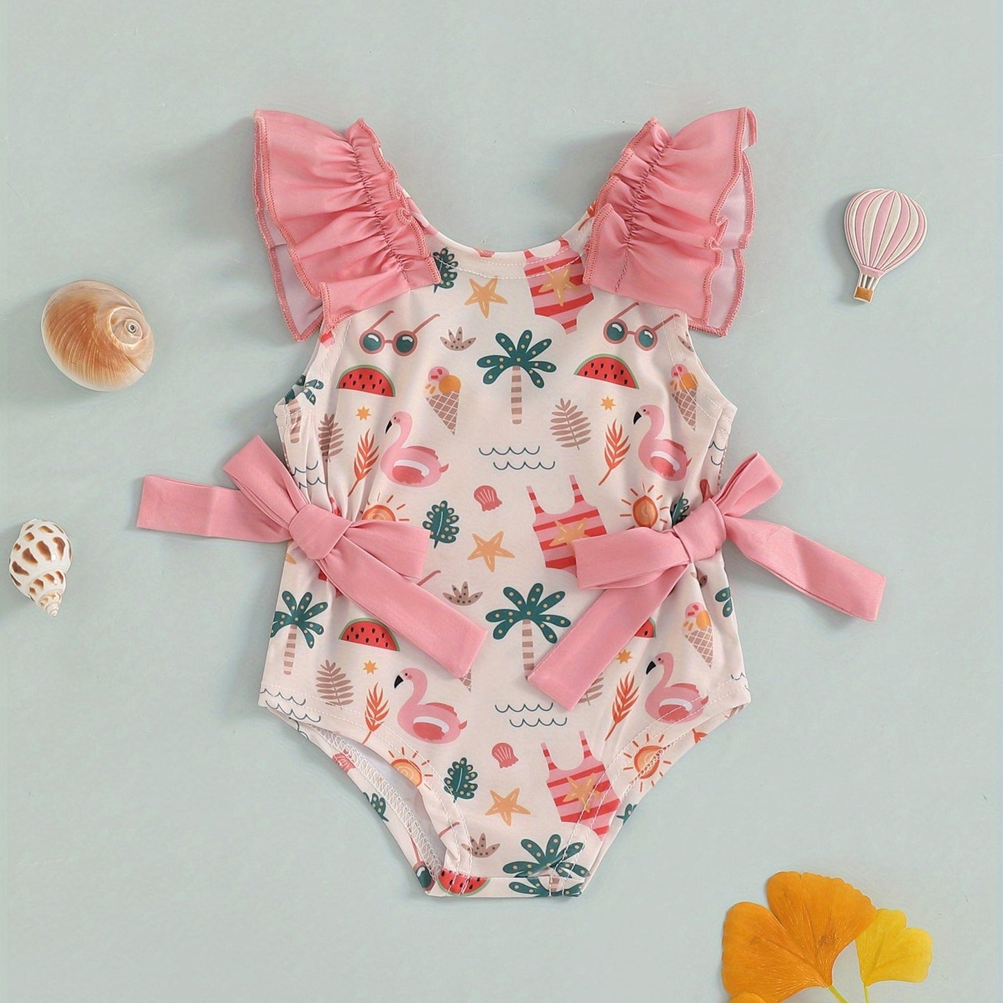 Toddler Girl Summer Tank Swimsuit Shell Print Romper Sleeveless U-Neck Bathing Suit Ruffled Beachwear