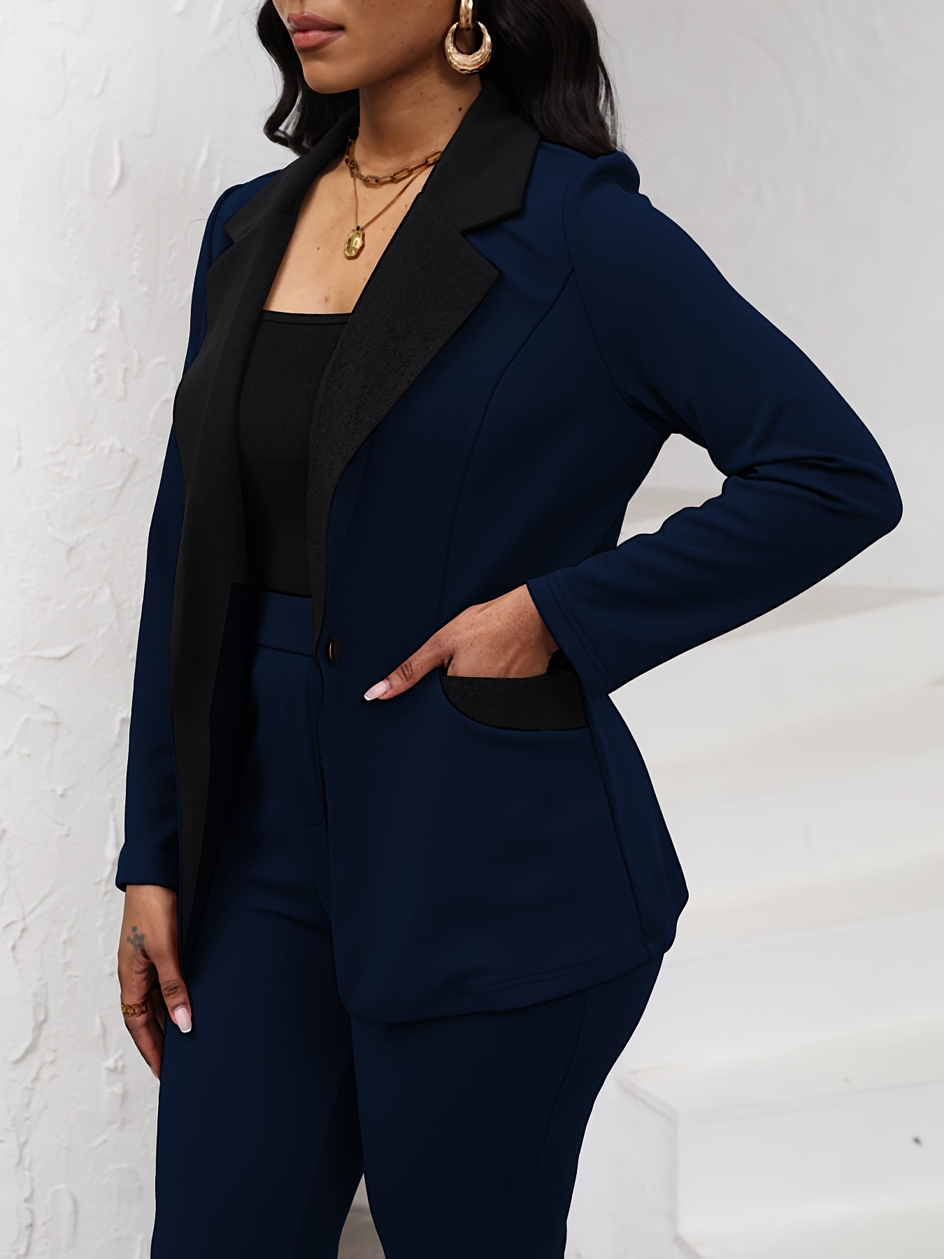 Elegant Women's 2pcs Suit Set - Chic Navy Blue Color Block Blazer with Lapel Collar & Slim-Fit Pants, Professional & Stylish, Long Sleeve, Polyester Blend, Machine Washable - Perfect for Work & Formal Occasions