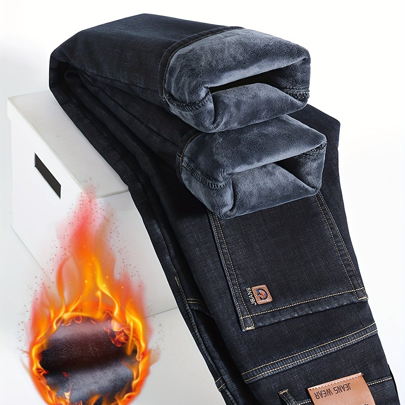 Men's Classic Thickened Denim Straight Leg Fleece Lined Jeans - Warm and Comfortable Winter Pants with Classic Design for Autumn and Winter Season