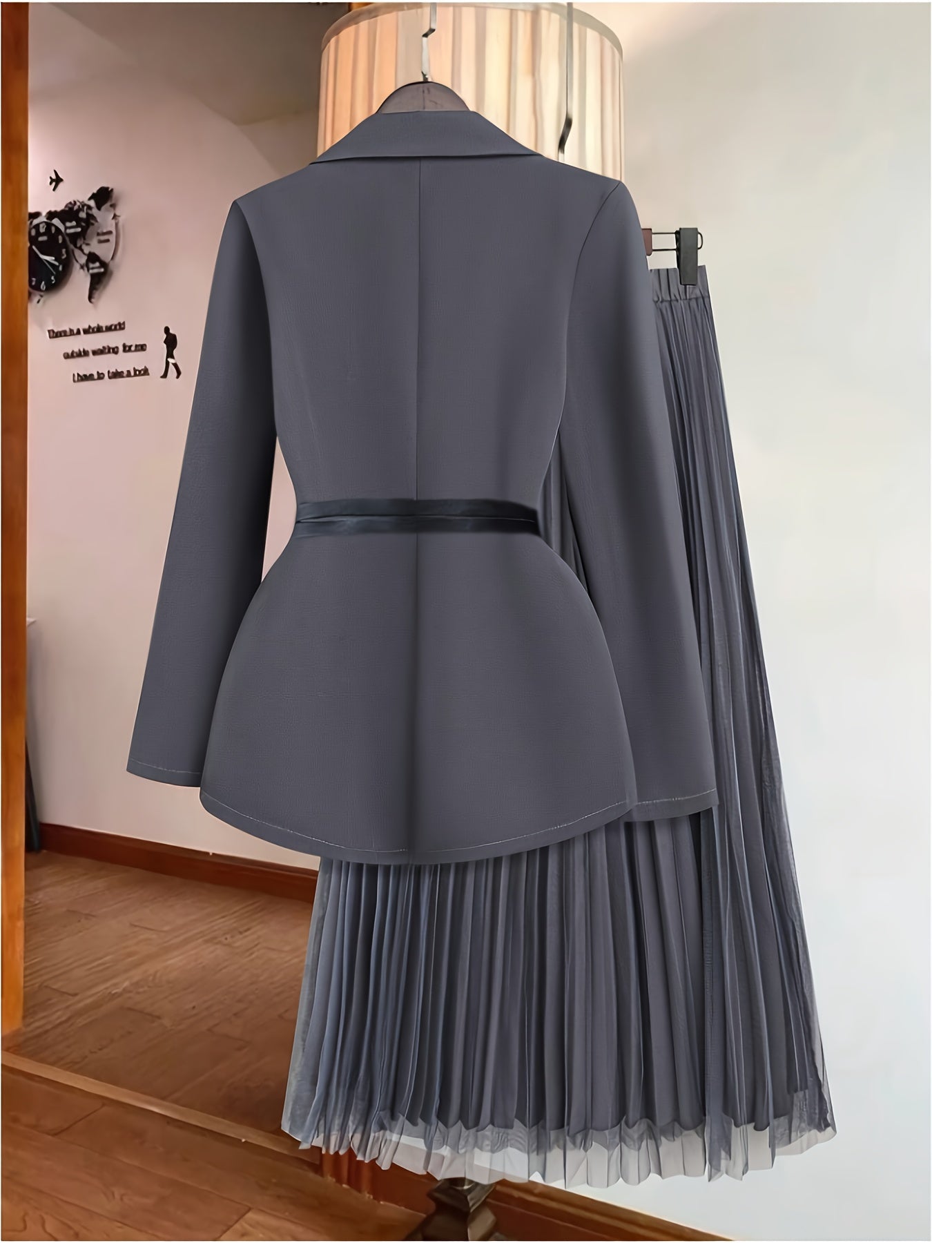 Women's Elegant Solid Color Double-Breasted Suit Jacket with Mesh Pleated Skirt Set, Spring/Summer Belt Not Included