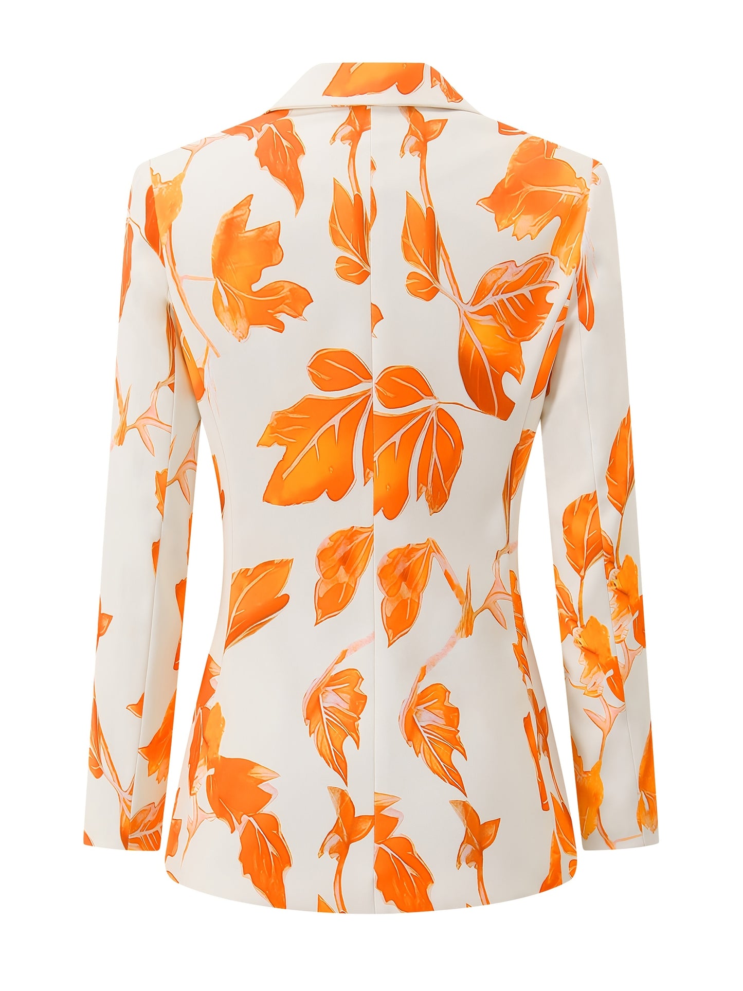 Elegant Women'S Blazer with Vibrant Orange Leaf Print - Single-Breasted Long Sleeve Jacket, Double Pockets, Smooth Polyester Fabric, All-Season Versatile Style, Ladies Blazers