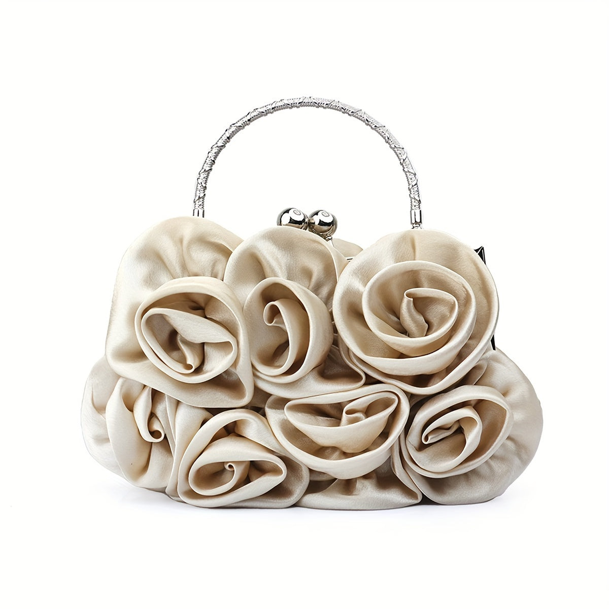 Elegant Floral Fabric Clutch with Kiss Lock Closure, Polyester Lined Evening Handbag for Women - Perfect for Weddings, Parties & Formal Events, Wedding Purse | Floral Embellished Purse | Soft Pink Roses Design