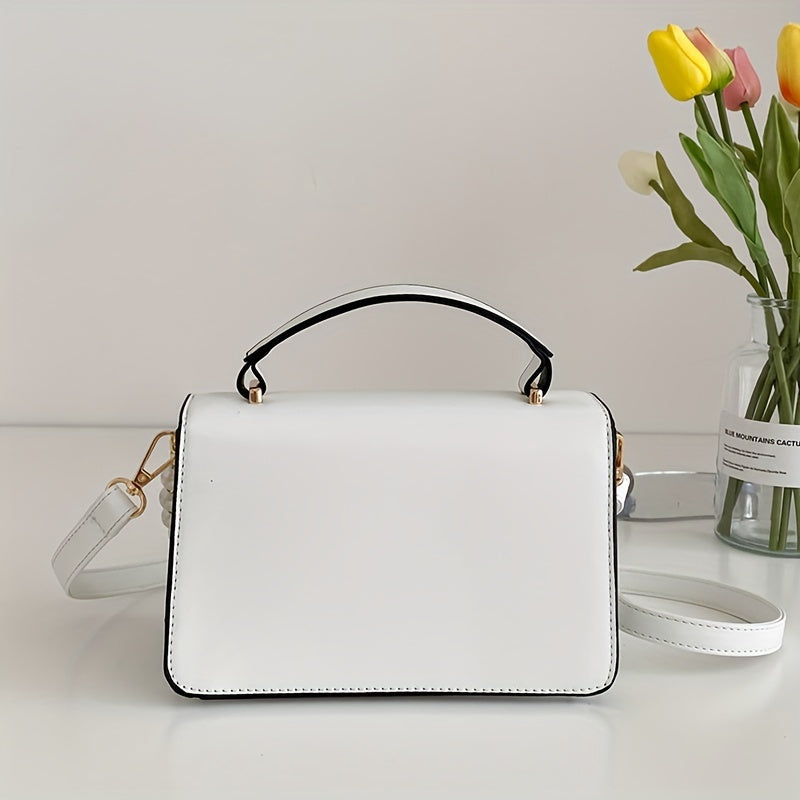 Fashion Square Handbag For Women, Faux Pearl Chain Decor Crossbody Bag, Metal Decor Flap Purse With Top Handle