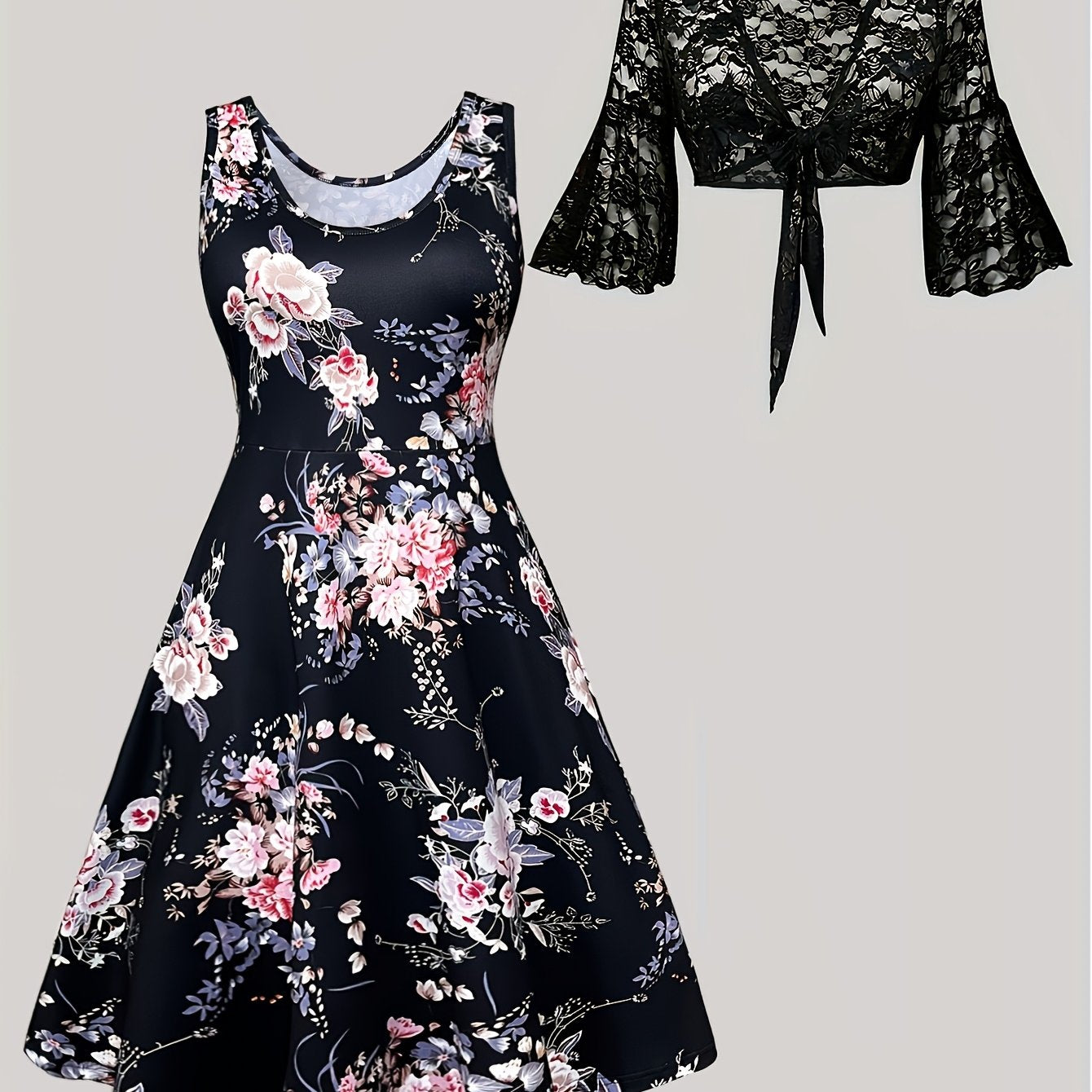 Plus Size Women's Elegant Floral Print Dress & Lace Jacket Set - Sleeveless A-Line, Polyester Blend, Machine Washable, Lace Detailing