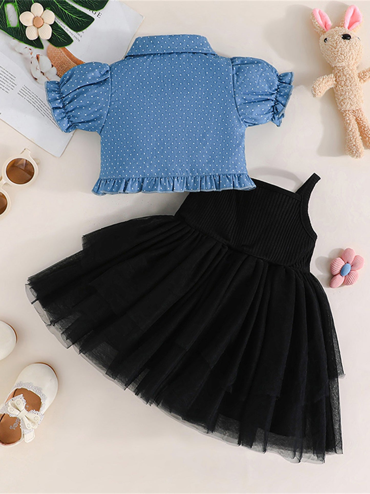Youngsters Girl Summer Outfits Tulle Spaghetti Strap Bow A Line Dress with Dot Butterfly Print Short Puff Sleeve Cardigan, Perfect for Outdoor